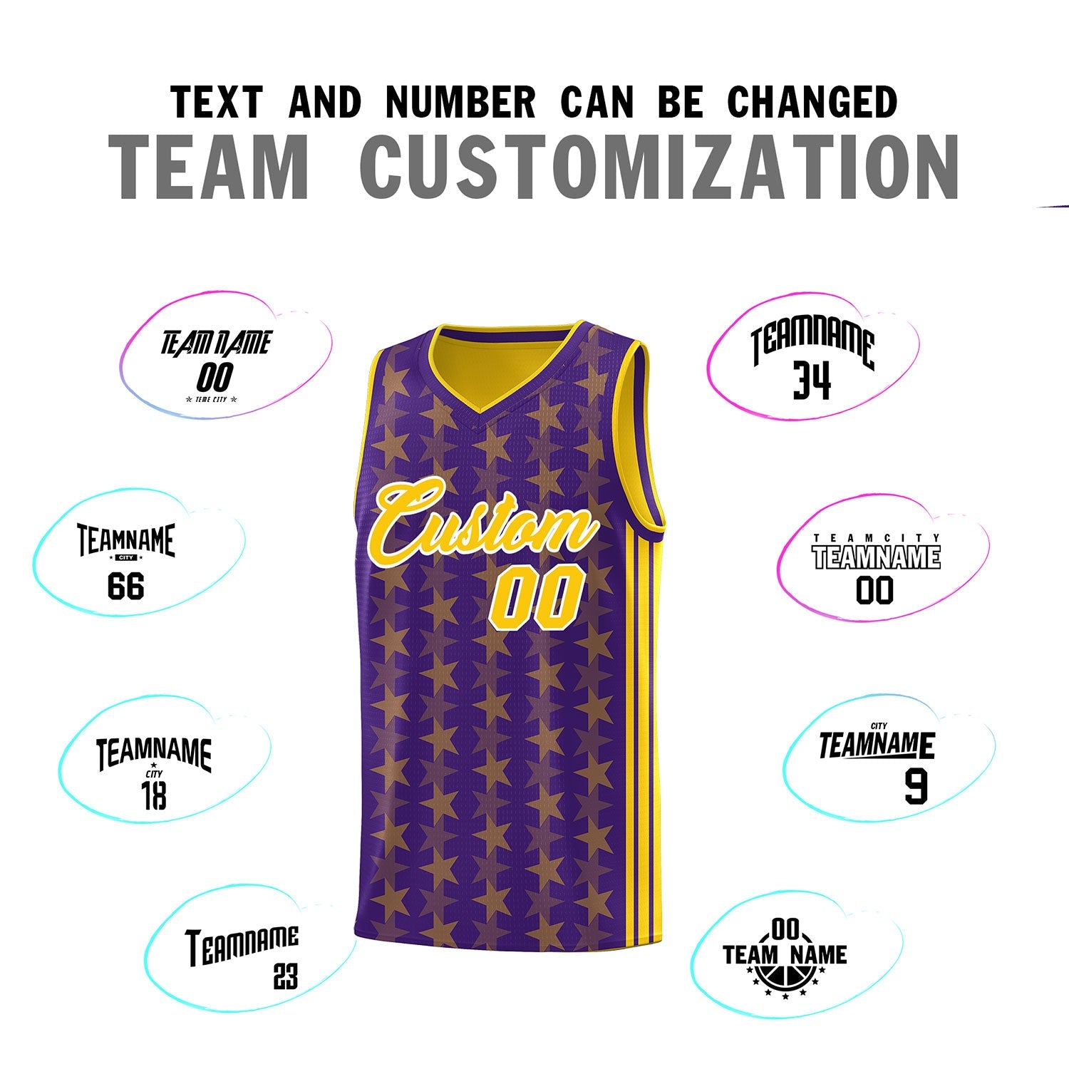 Custom Purple Gold Star Graffiti Pattern Sets Sports Uniform Basketball Jersey