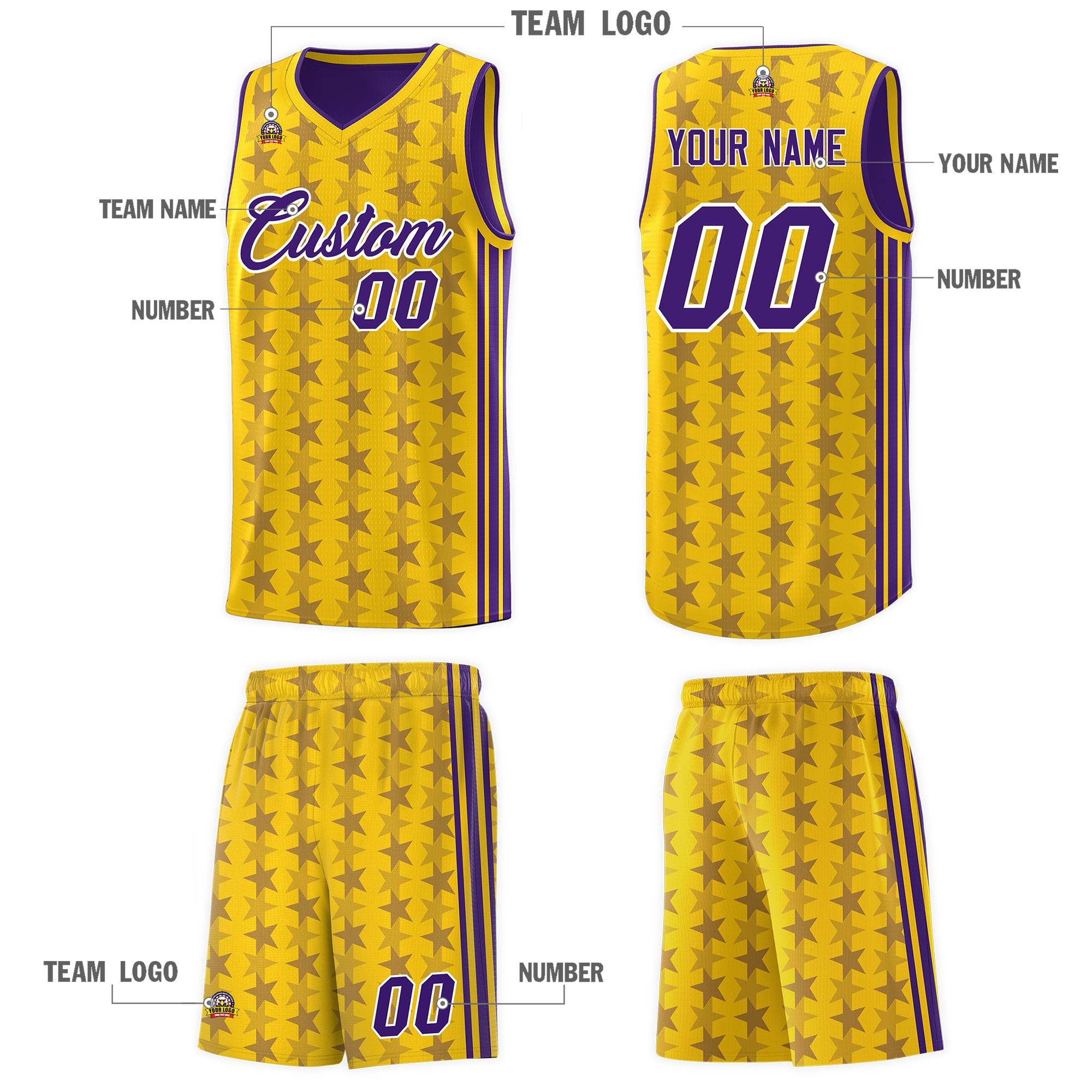 Custom Gold Purple Star Graffiti Pattern Sets Sports Uniform Basketball Jersey