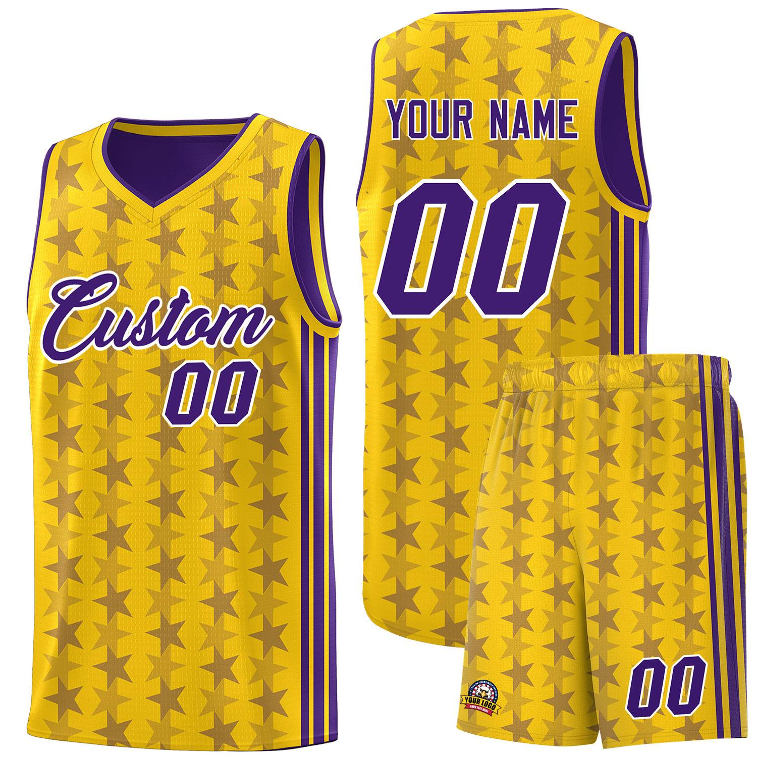 Custom Gold Purple Star Graffiti Pattern Sets Sports Uniform Basketball Jersey