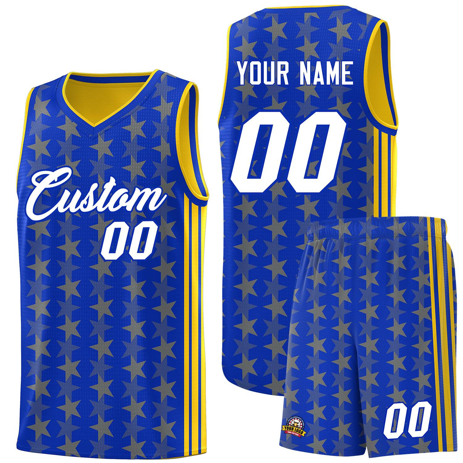 Custom Royal Gold Star Graffiti Pattern Sets Sports Uniform Basketball Jersey