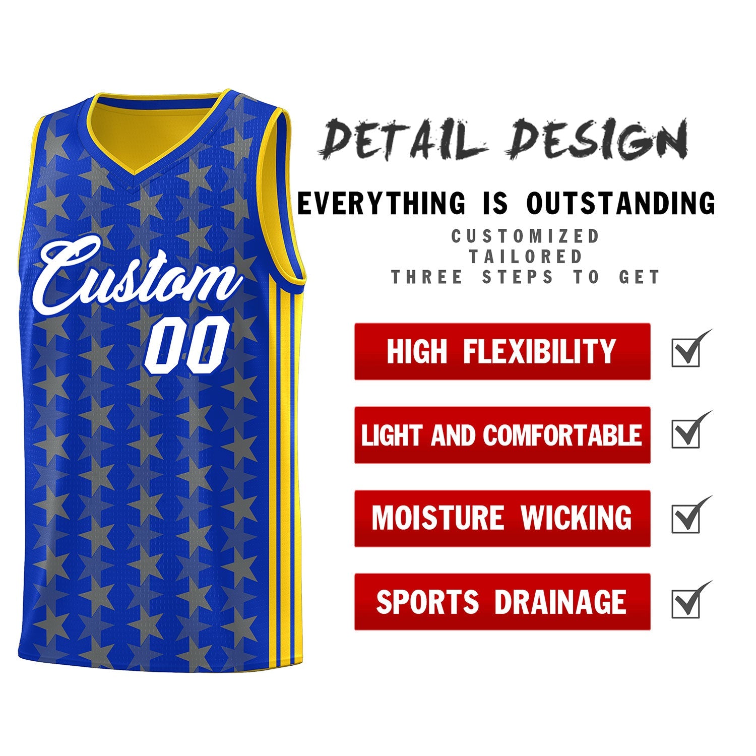 Custom Royal Gold Star Graffiti Pattern Sets Sports Uniform Basketball Jersey