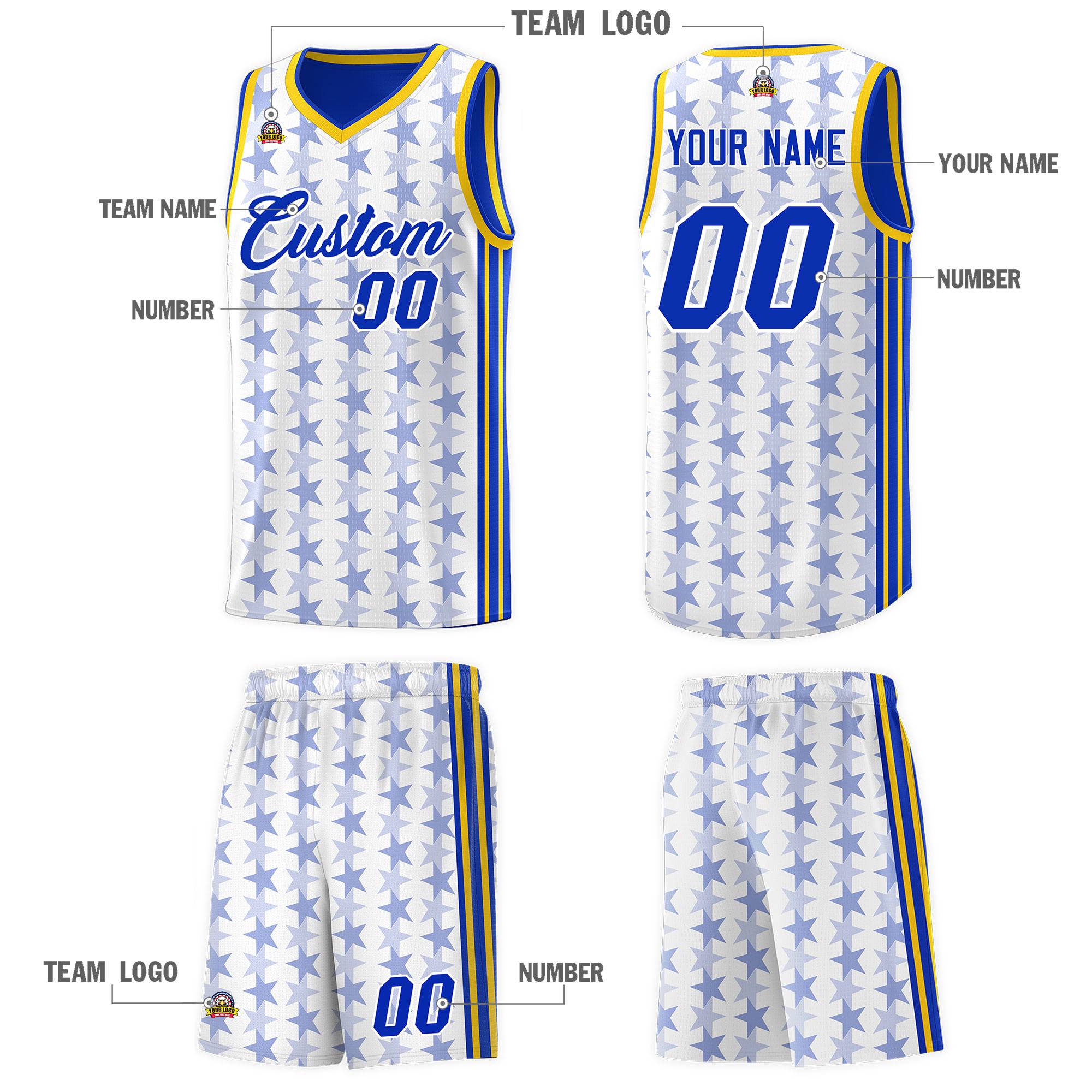 Custom White Royal Star Graffiti Pattern Sets Sports Uniform Basketball Jersey