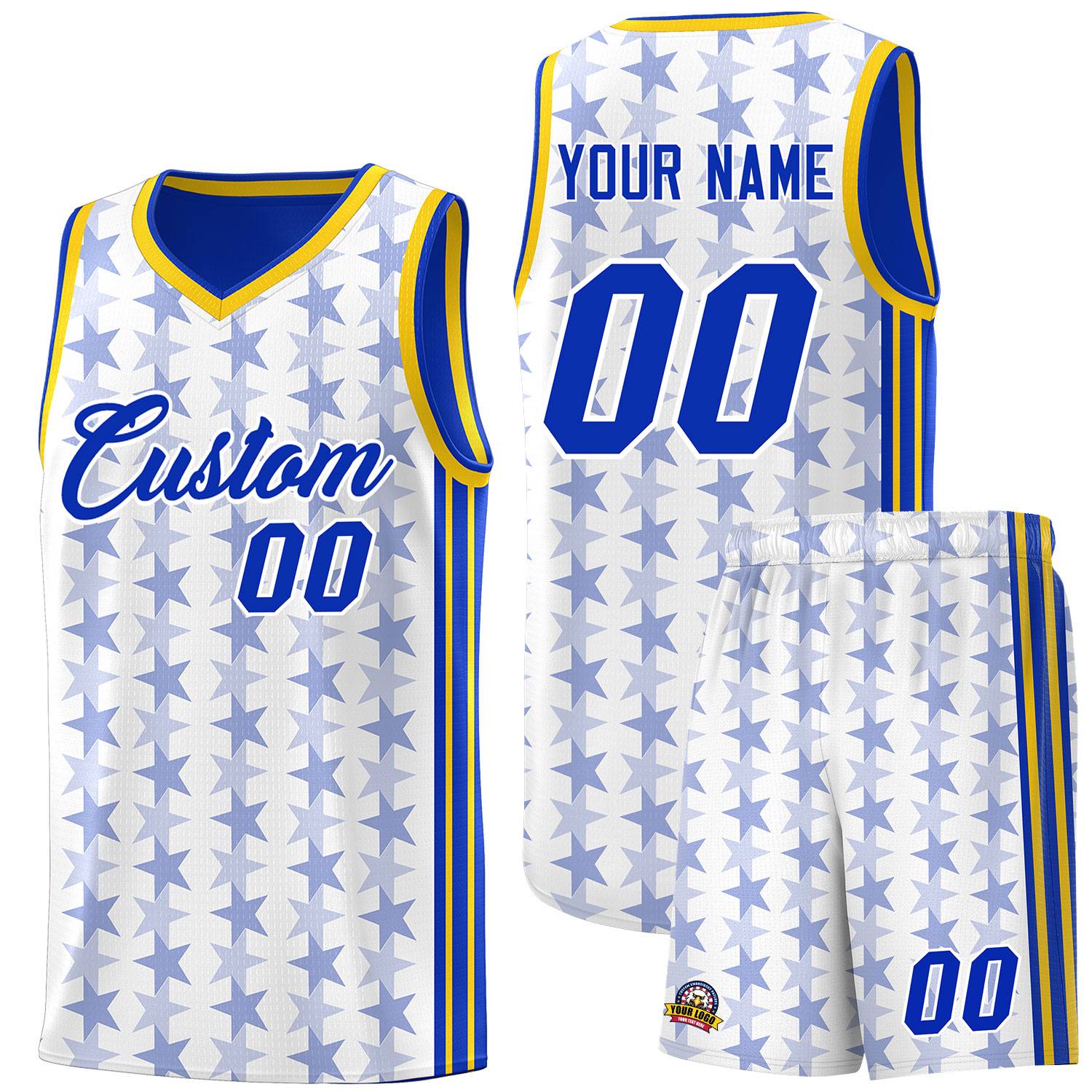 Custom White Royal Star Graffiti Pattern Sets Sports Uniform Basketball Jersey