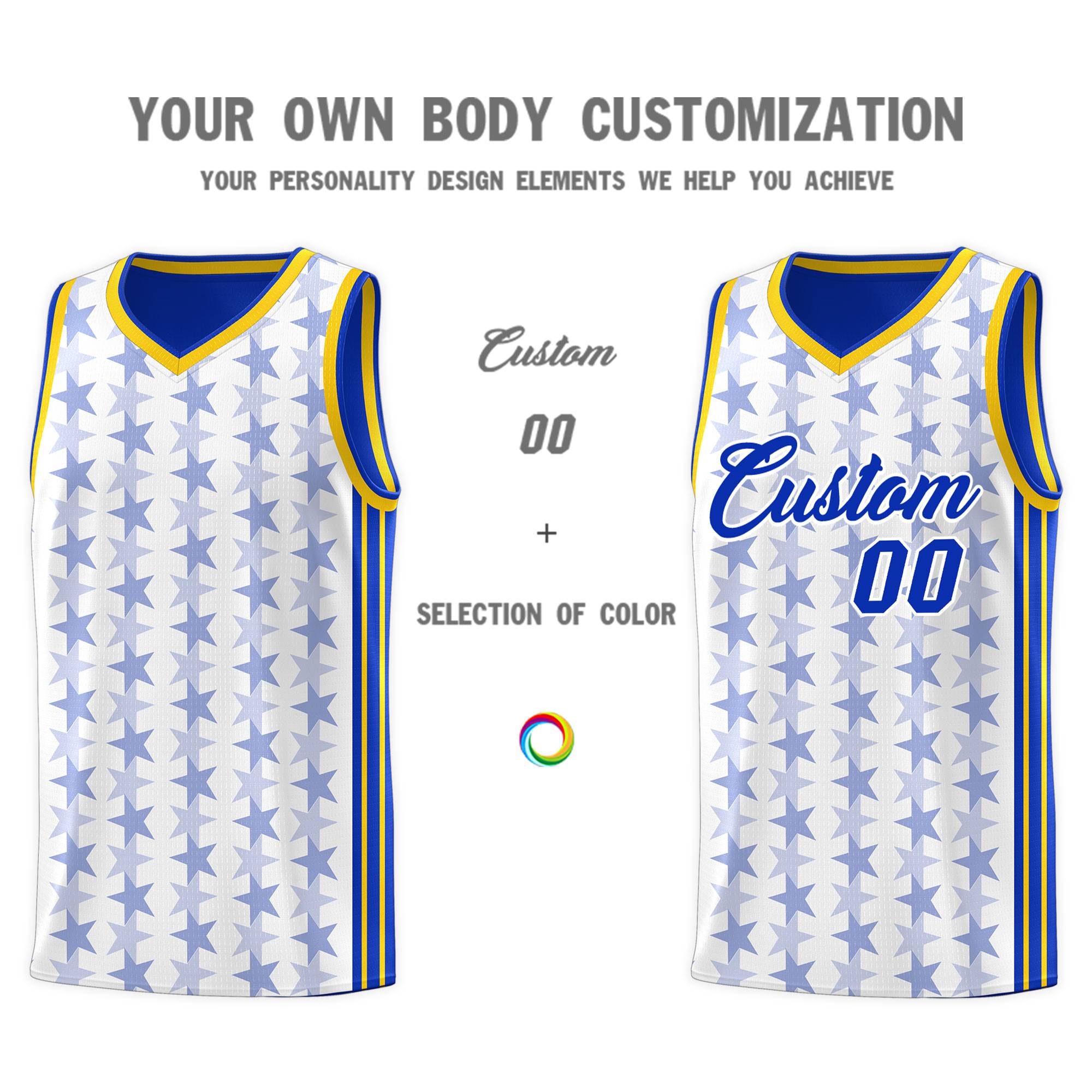 Custom White Royal Star Graffiti Pattern Sets Sports Uniform Basketball Jersey