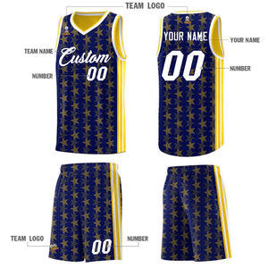 Custom Navy Gold Star Graffiti Pattern Sets Sports Uniform Basketball Jersey