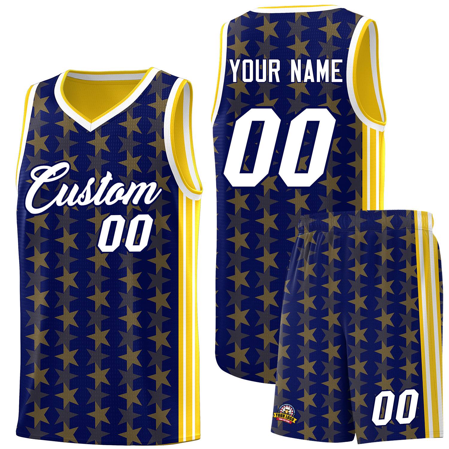 Custom Navy Gold Star Graffiti Pattern Sets Sports Uniform Basketball Jersey