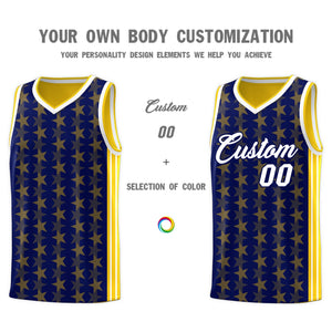 Custom Navy Gold Star Graffiti Pattern Sets Sports Uniform Basketball Jersey