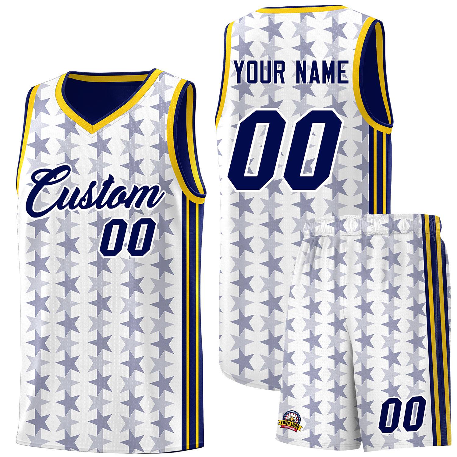 Custom White Navy Star Graffiti Pattern Sets Sports Uniform Basketball Jersey