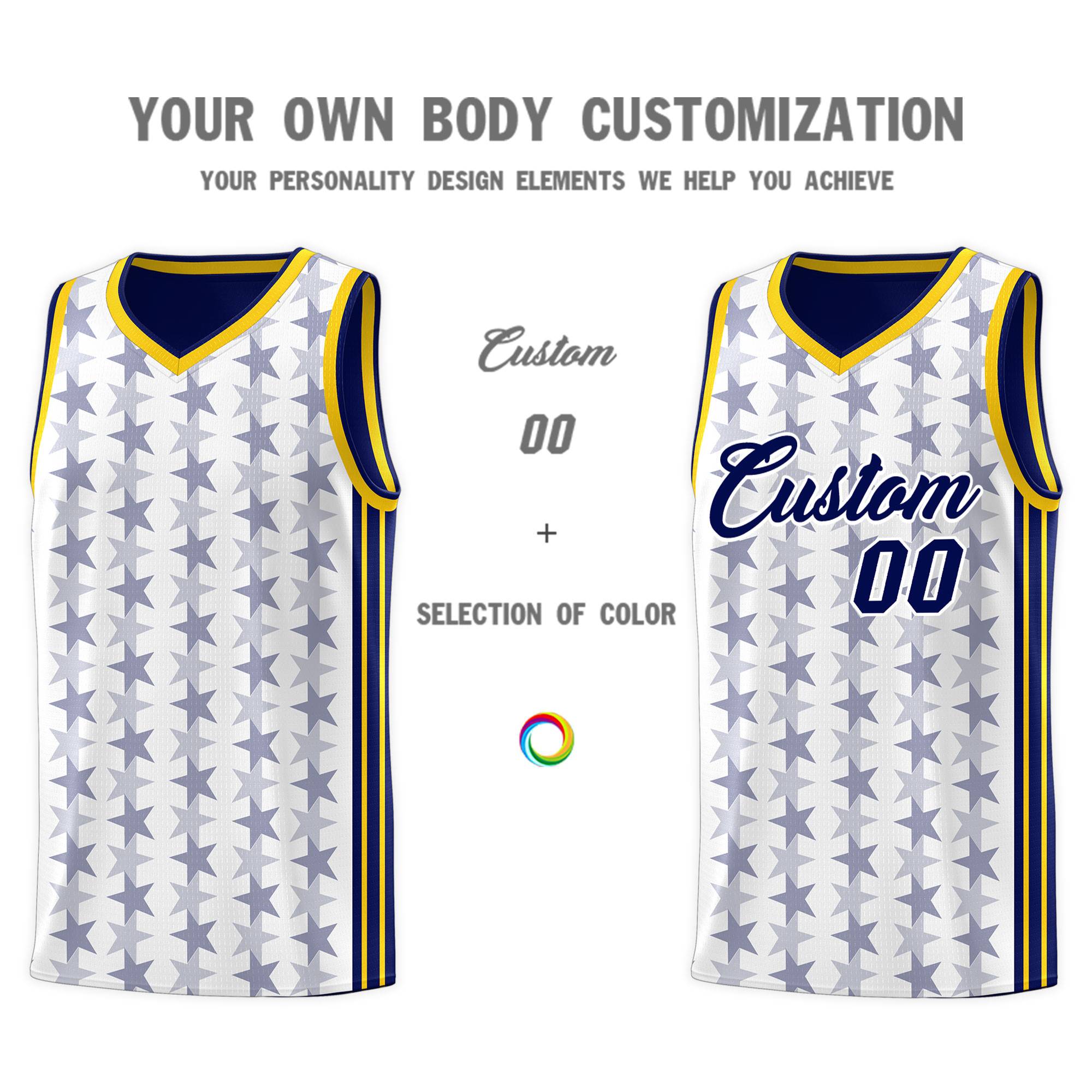 Custom White Navy Star Graffiti Pattern Sets Sports Uniform Basketball Jersey