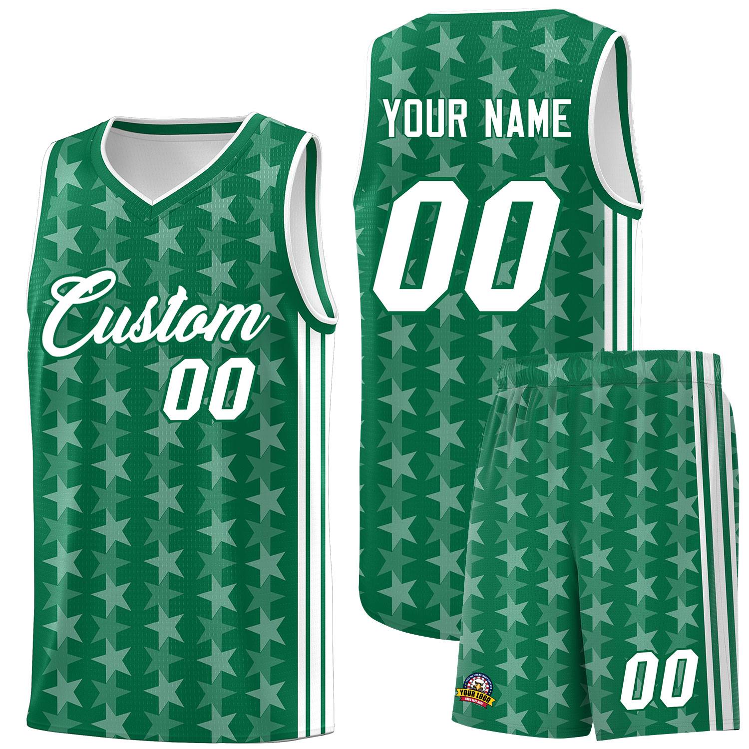 Custom Kelly Green White Star Graffiti Pattern Sets Sports Uniform Basketball Jersey