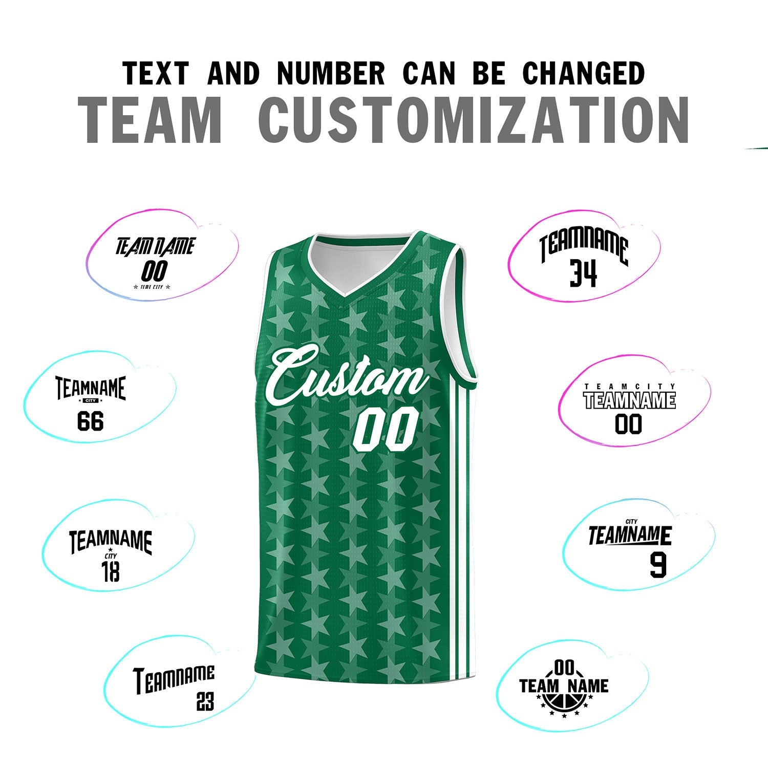 Custom Kelly Green White Star Graffiti Pattern Sets Sports Uniform Basketball Jersey