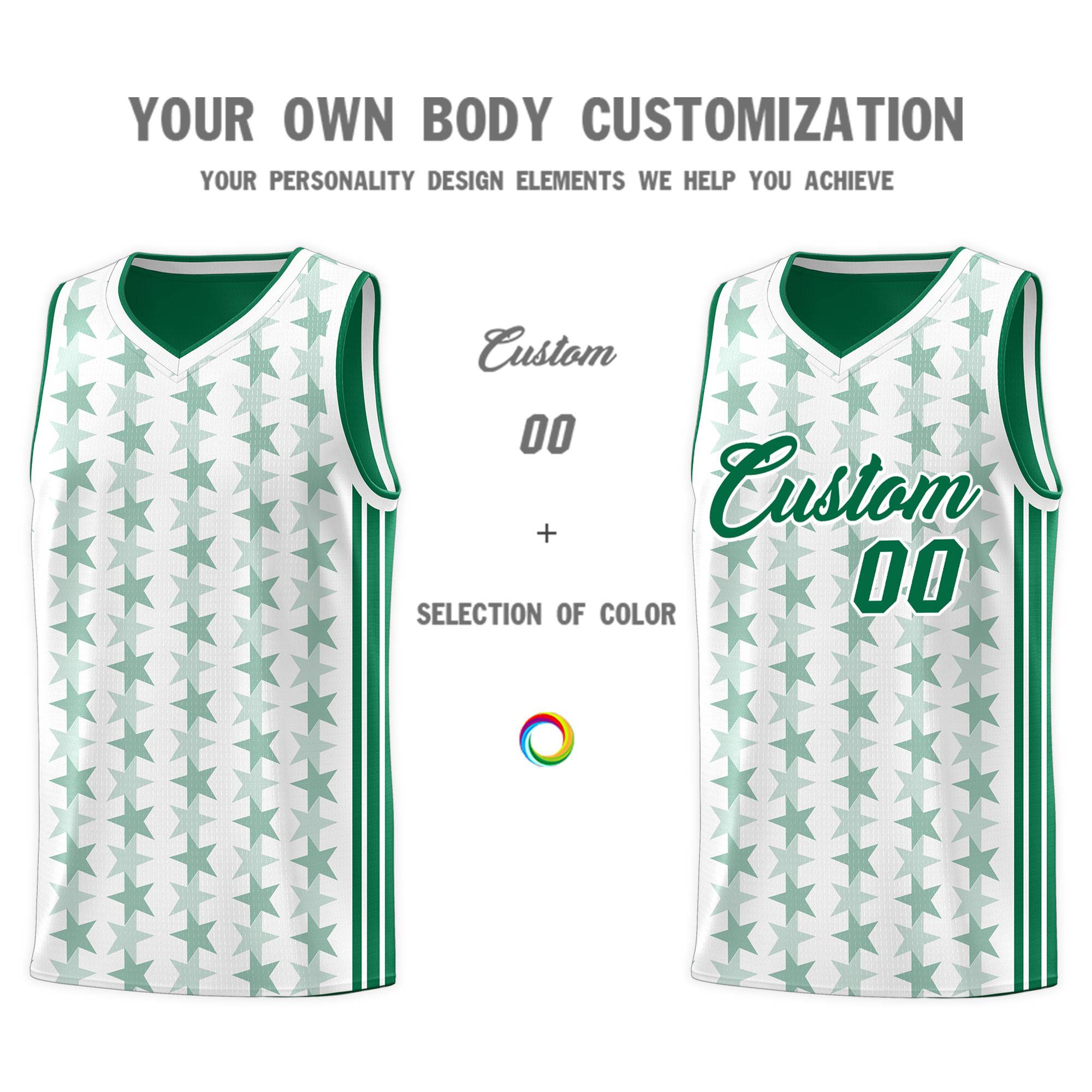 Custom White Kelly Green Star Graffiti Pattern Sets Sports Uniform Basketball Jersey