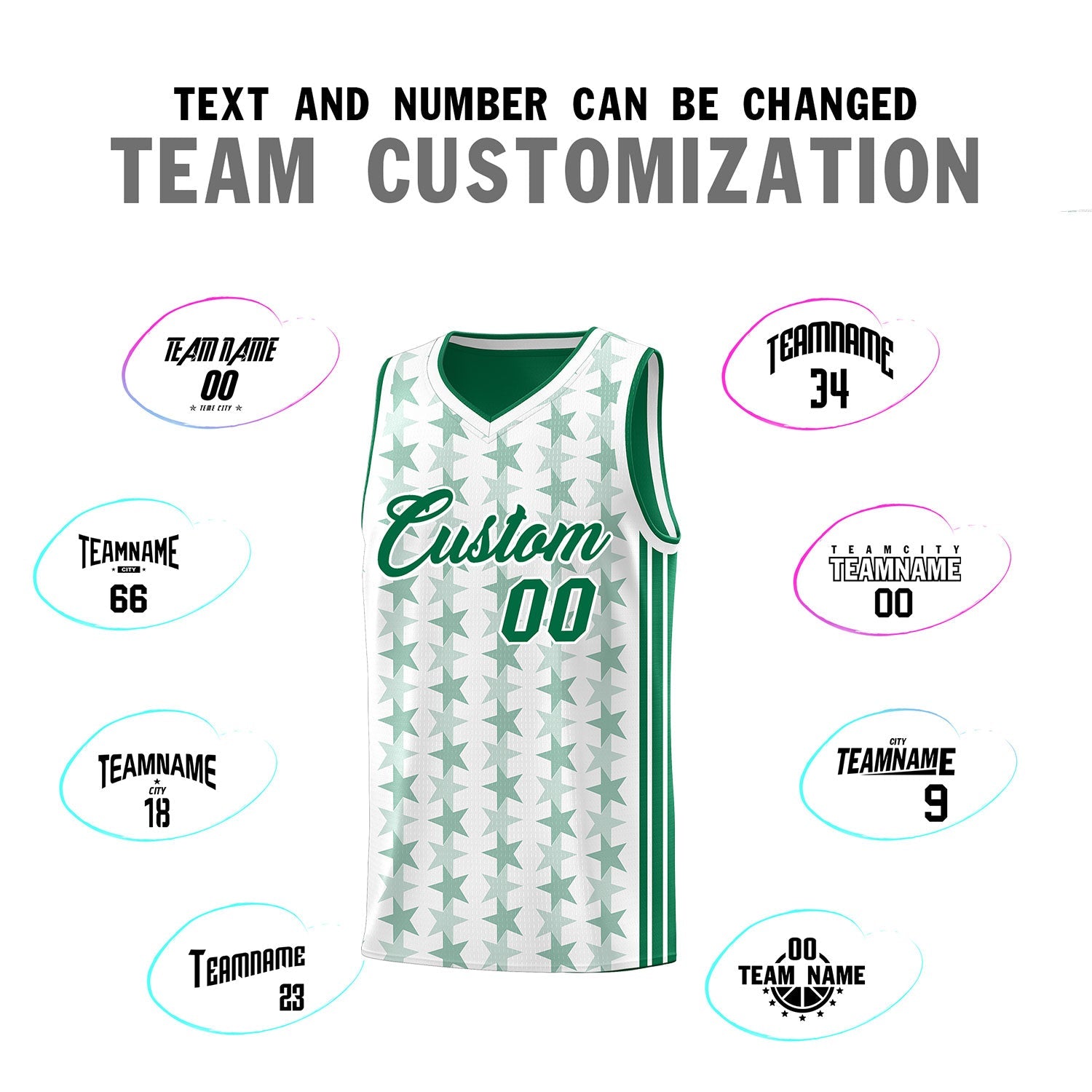 Custom White Kelly Green Star Graffiti Pattern Sets Sports Uniform Basketball Jersey