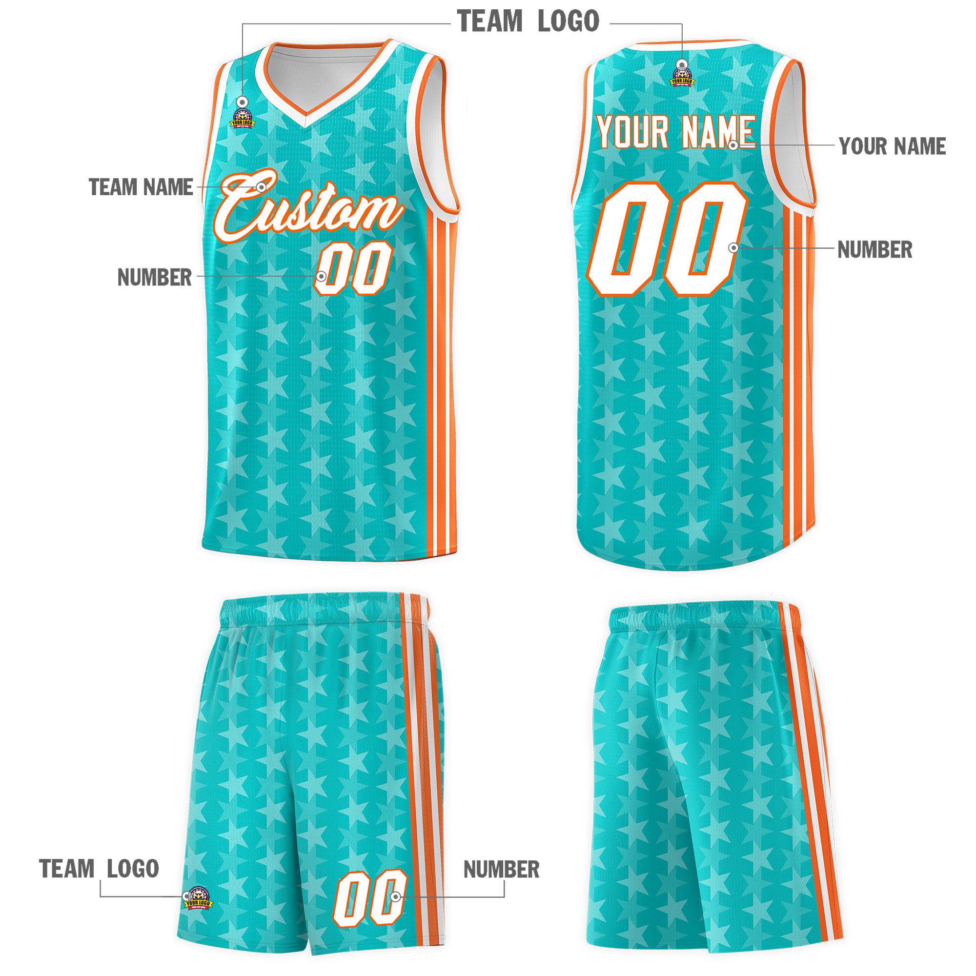 Custom Aqua White Star Graffiti Pattern Sets Sports Uniform Basketball Jersey