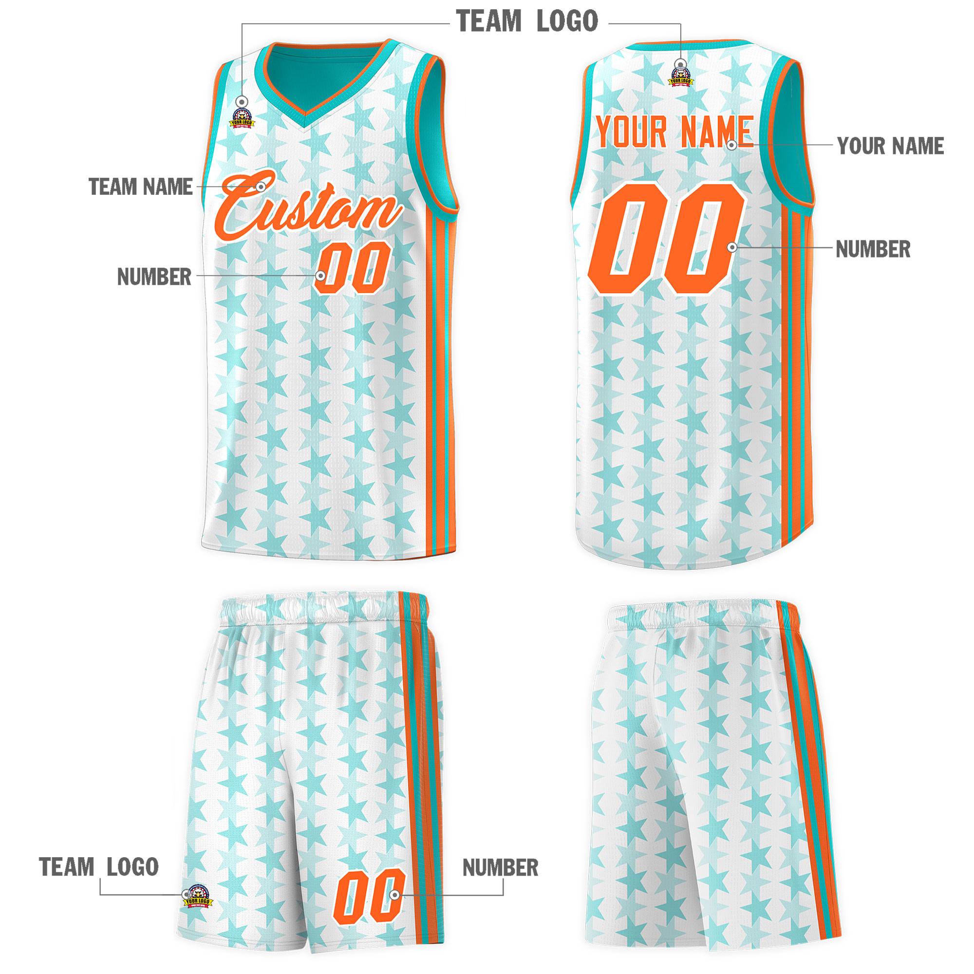 Custom White Aqua Star Graffiti Pattern Sets Sports Uniform Basketball Jersey