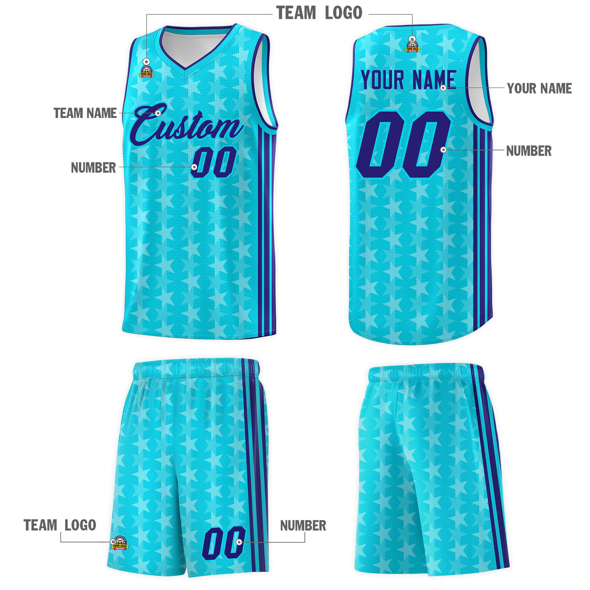 Custom Sky Blue White Star Graffiti Pattern Sets Sports Uniform Basketball Jersey