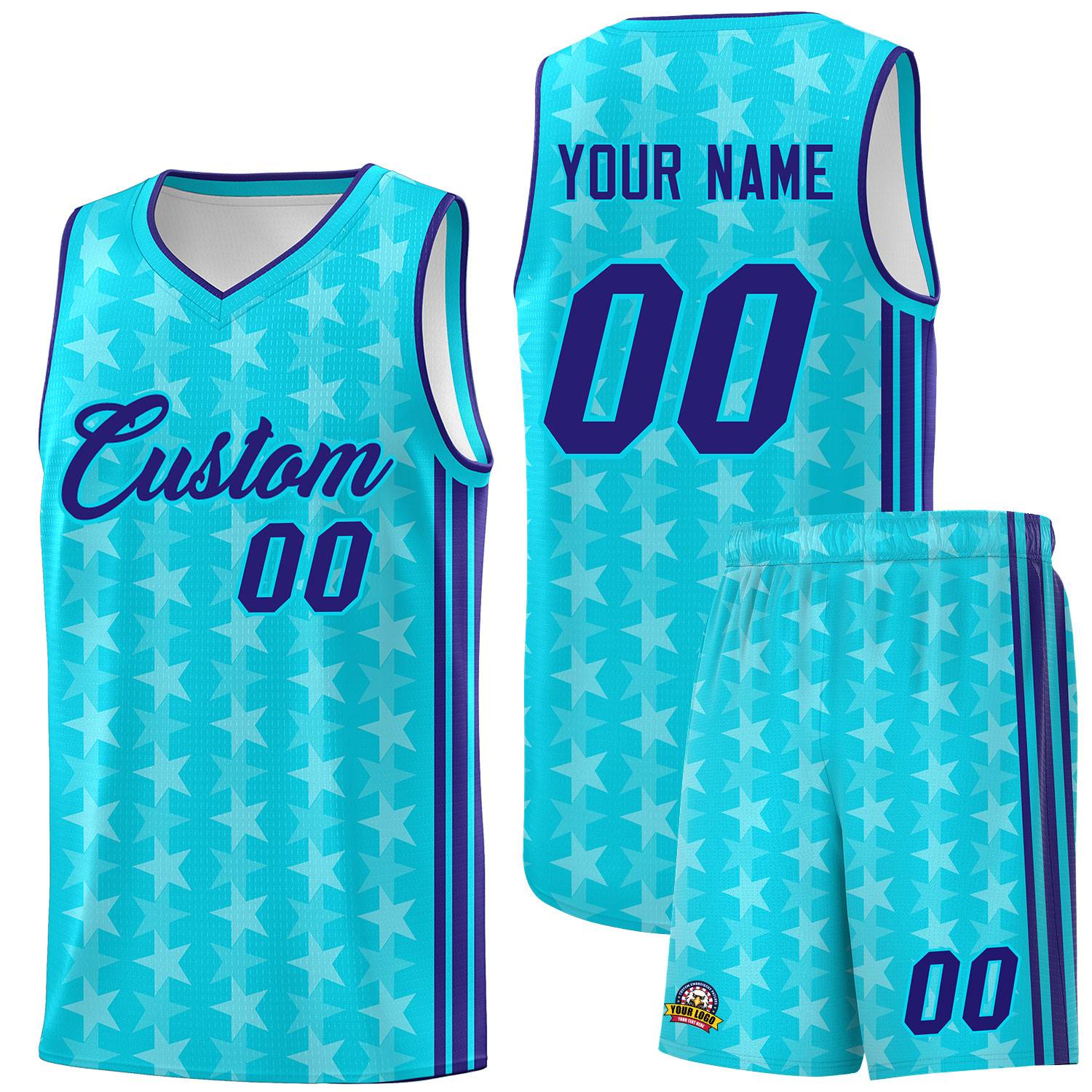 Custom Sky Blue White Star Graffiti Pattern Sets Sports Uniform Basketball Jersey