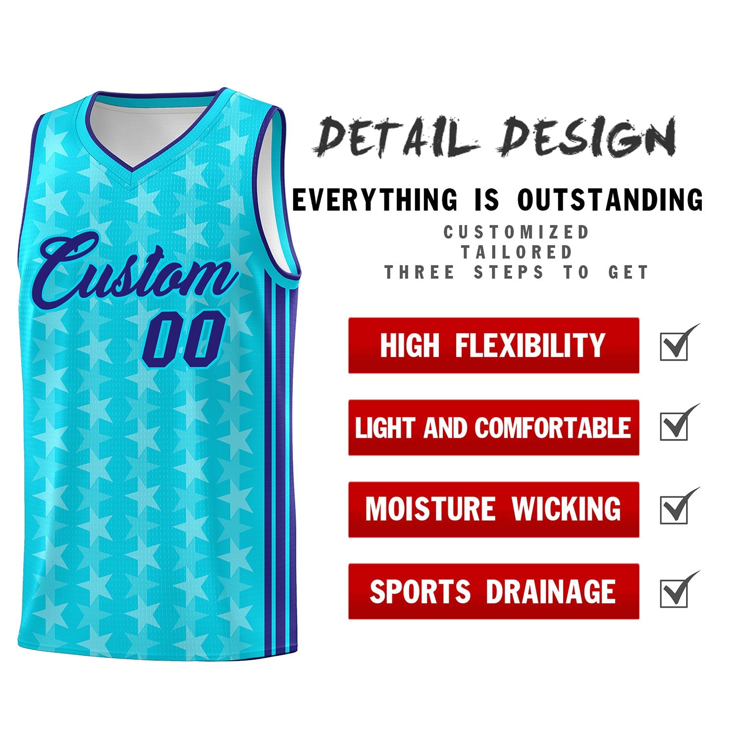 Custom Sky Blue White Star Graffiti Pattern Sets Sports Uniform Basketball Jersey