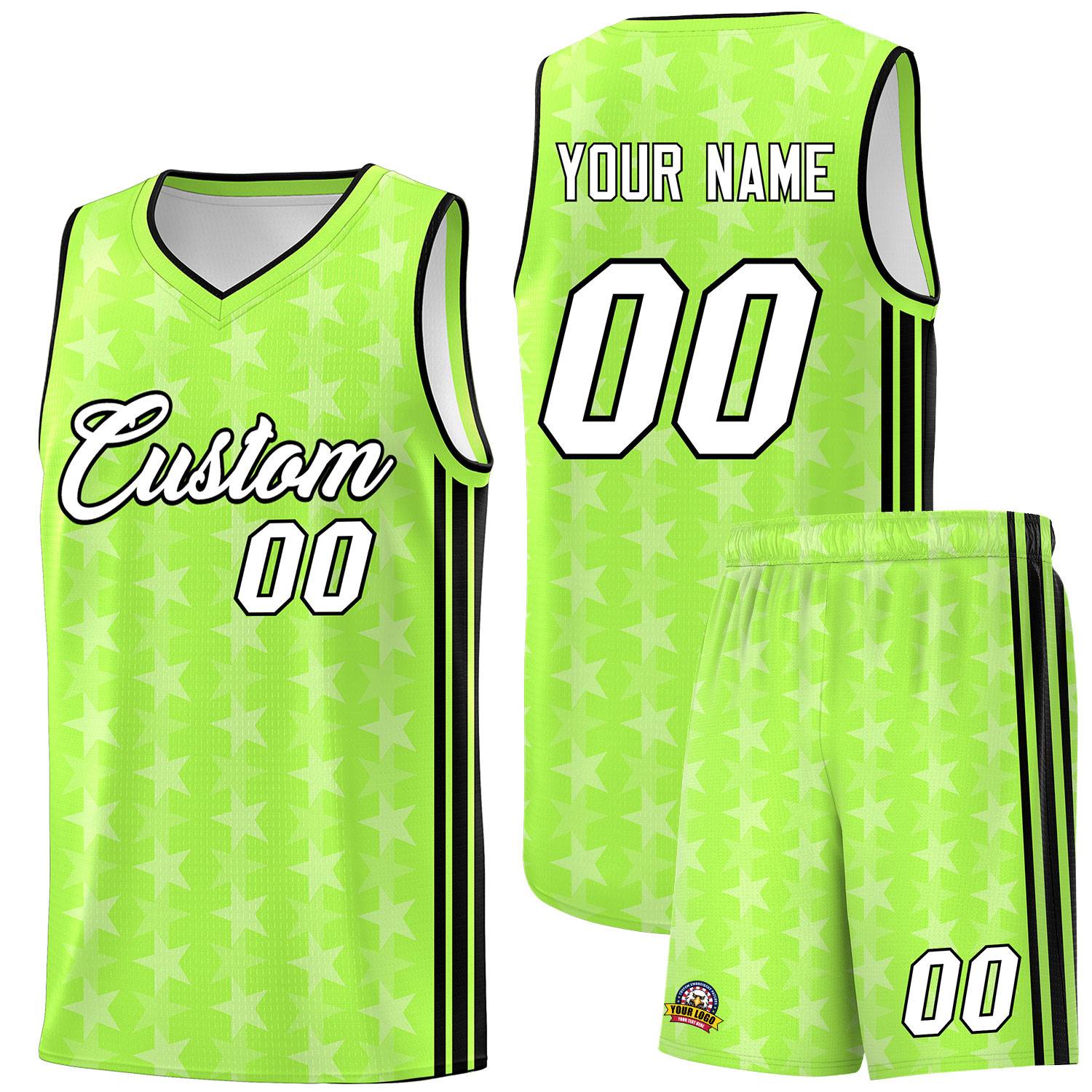 Custom Neon Green White Star Graffiti Pattern Sets Sports Uniform Basketball Jersey