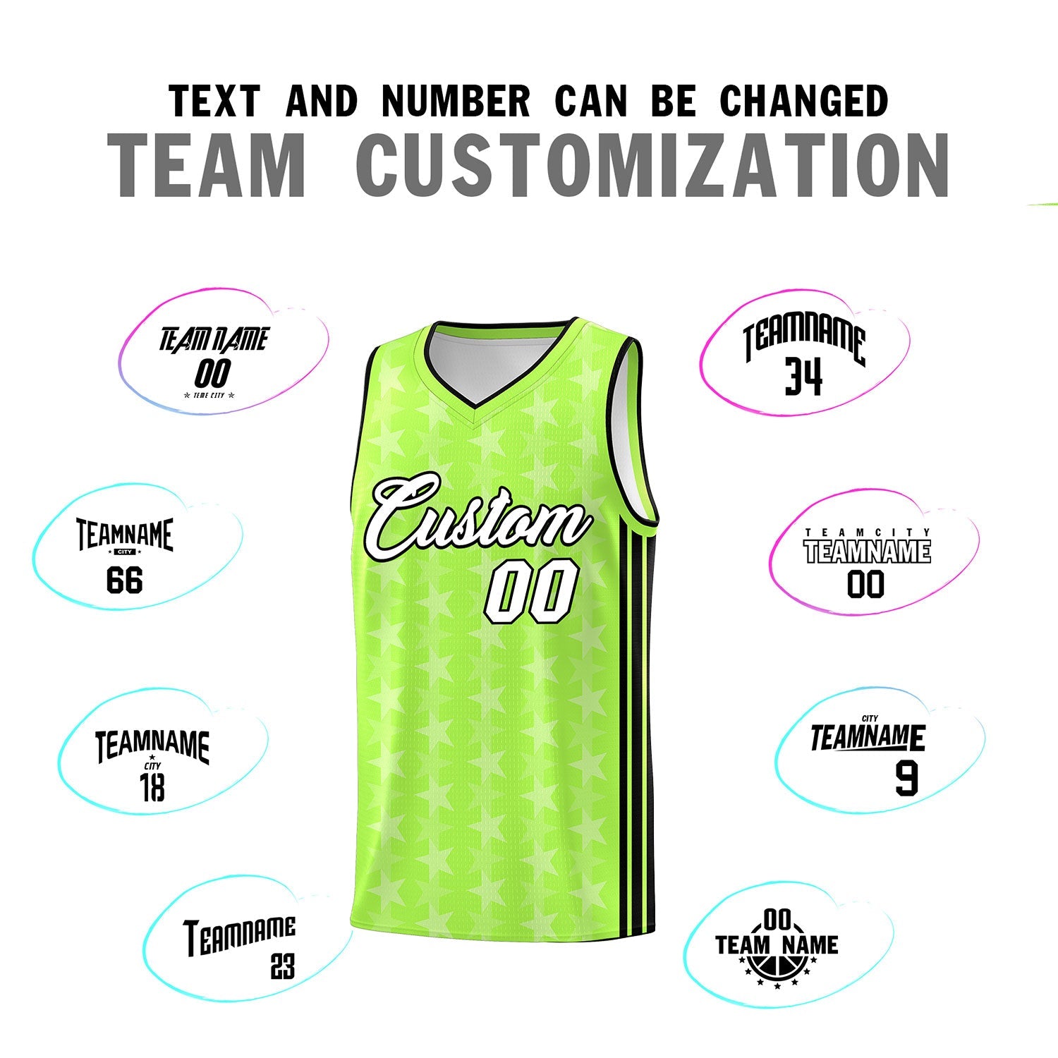 Custom Neon Green White Star Graffiti Pattern Sets Sports Uniform Basketball Jersey