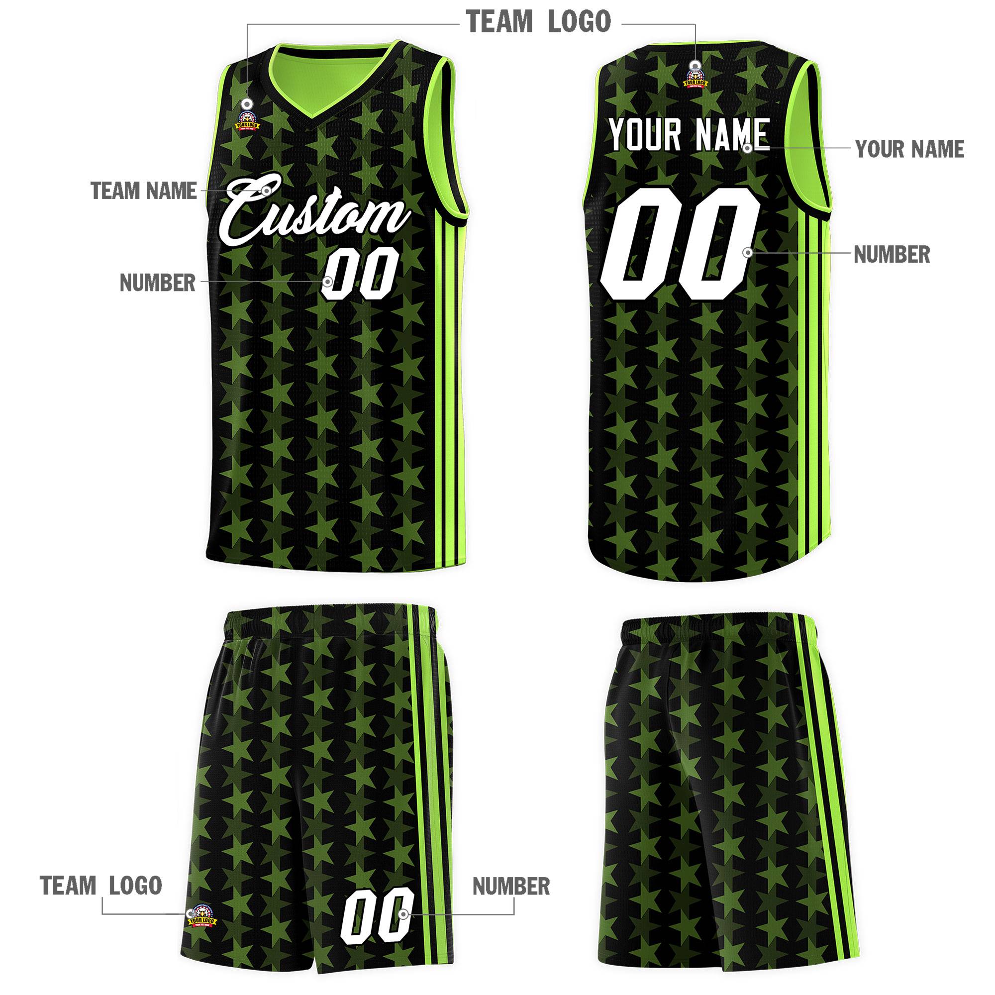 Custom Black Neon Green Star Graffiti Pattern Sets Sports Uniform Basketball Jersey