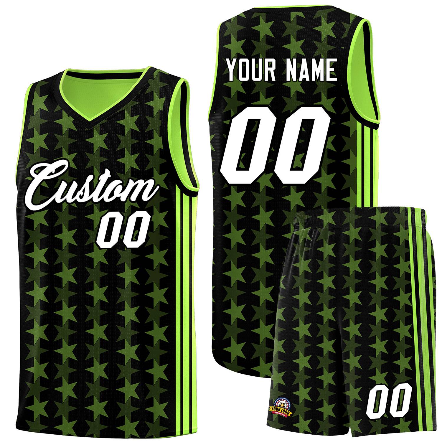 Custom Black Neon Green Star Graffiti Pattern Sets Sports Uniform Basketball Jersey