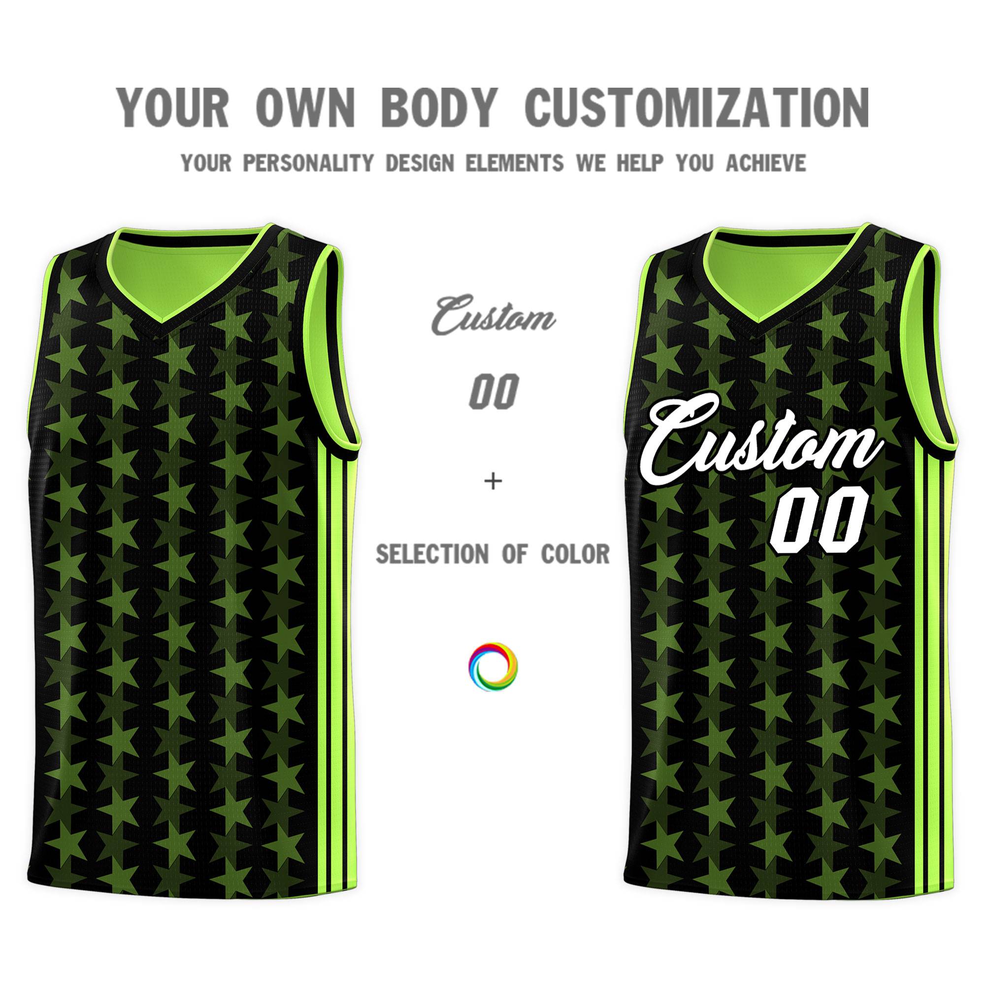 Custom Black Neon Green Star Graffiti Pattern Sets Sports Uniform Basketball Jersey