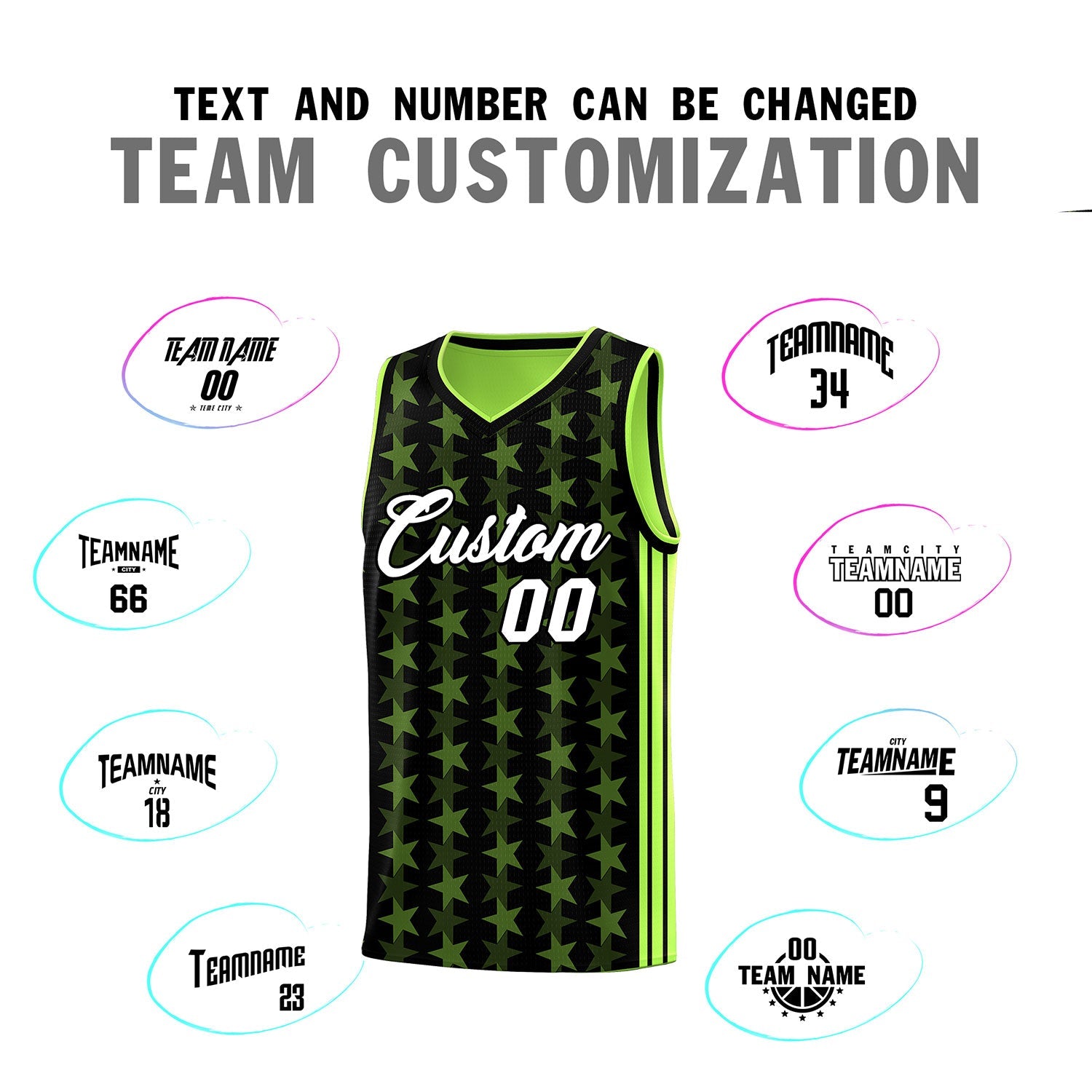 Custom Black Neon Green Star Graffiti Pattern Sets Sports Uniform Basketball Jersey