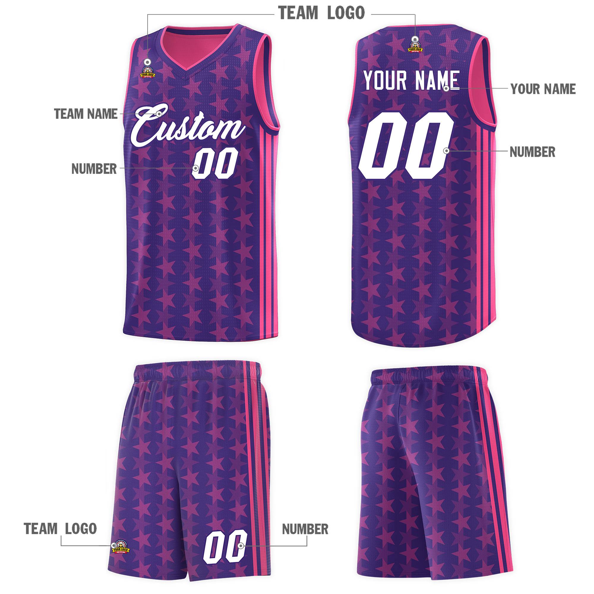 Custom Purple Pink Star Graffiti Pattern Sets Sports Uniform Basketball Jersey