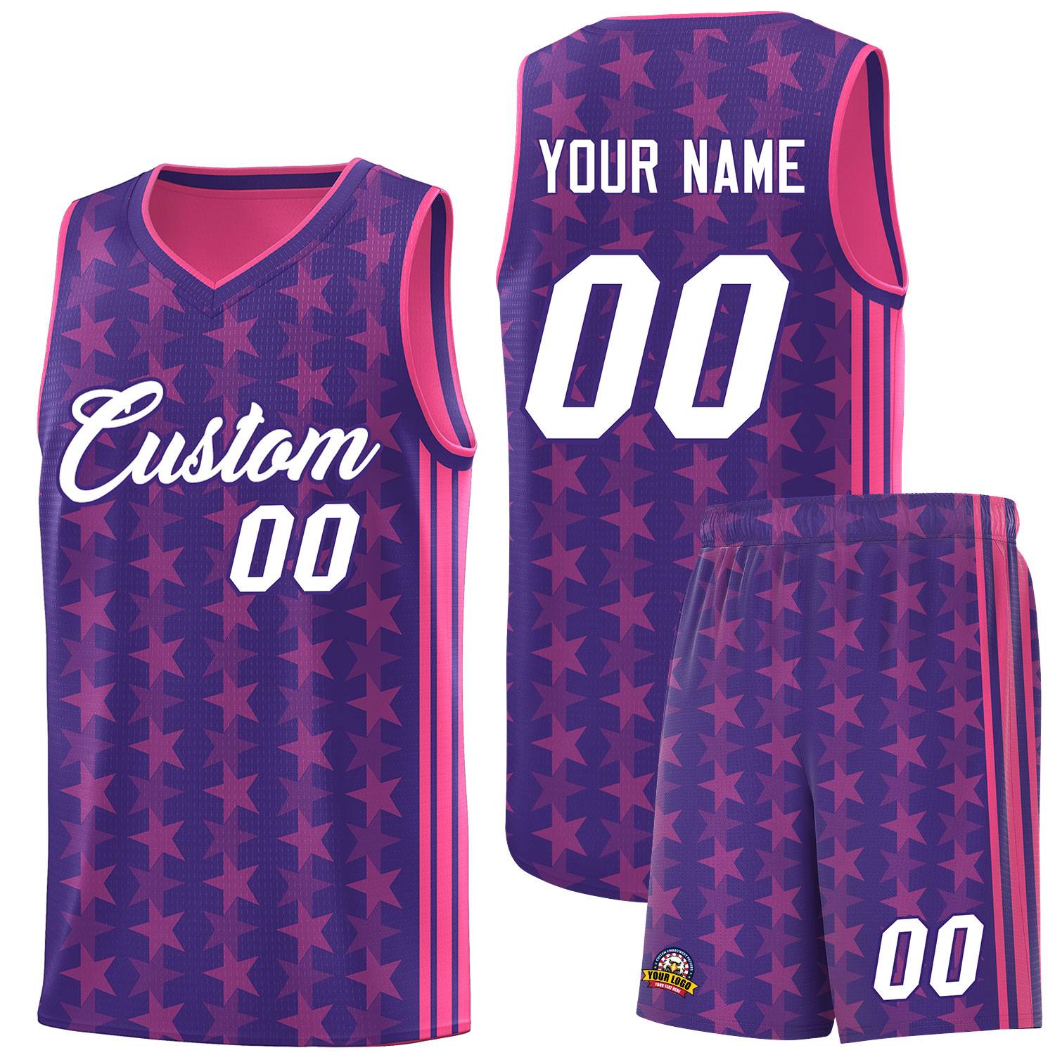 Custom Purple Pink Star Graffiti Pattern Sets Sports Uniform Basketball Jersey