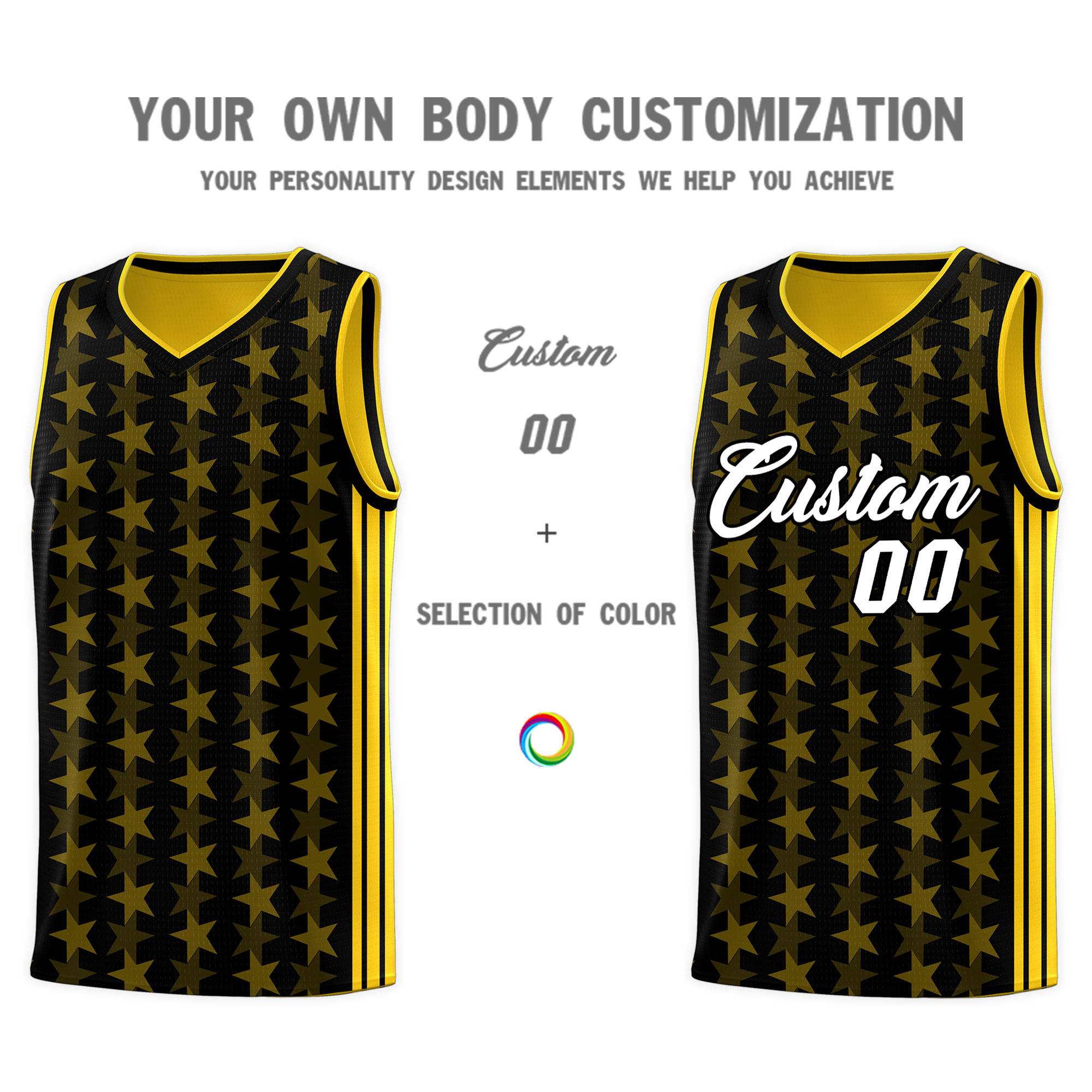 Custom Black Gold Star Graffiti Pattern Sets Sports Uniform Basketball Jersey