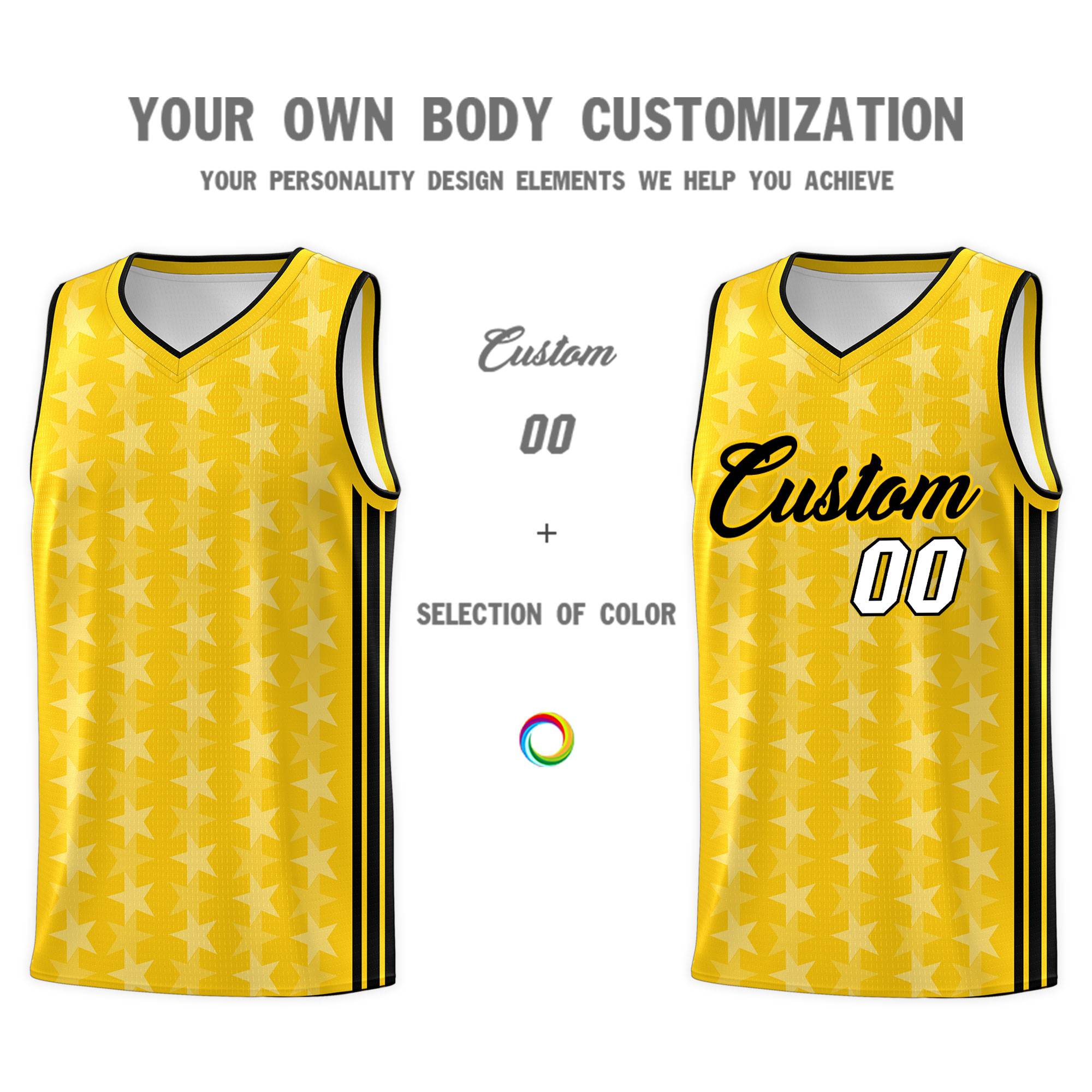 Custom Gold White Star Graffiti Pattern Sets Sports Uniform Basketball Jersey