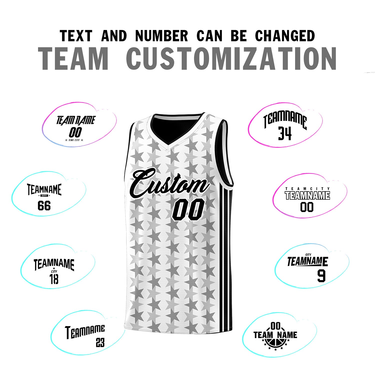 Custom White Black Star Graffiti Pattern Sets Sports Uniform Basketball Jersey