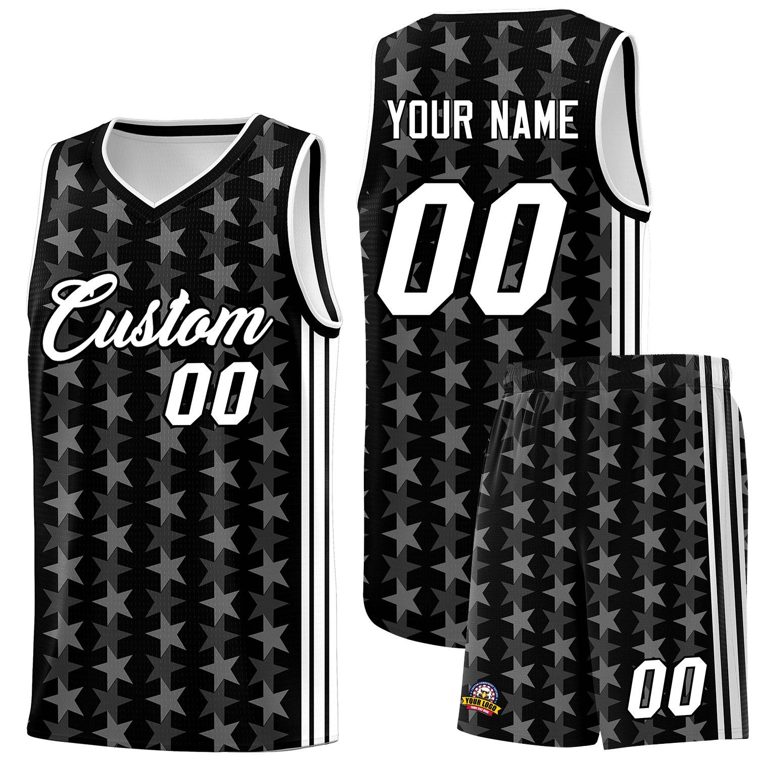 Custom Black White Star Graffiti Pattern Sets Sports Uniform Basketball Jersey