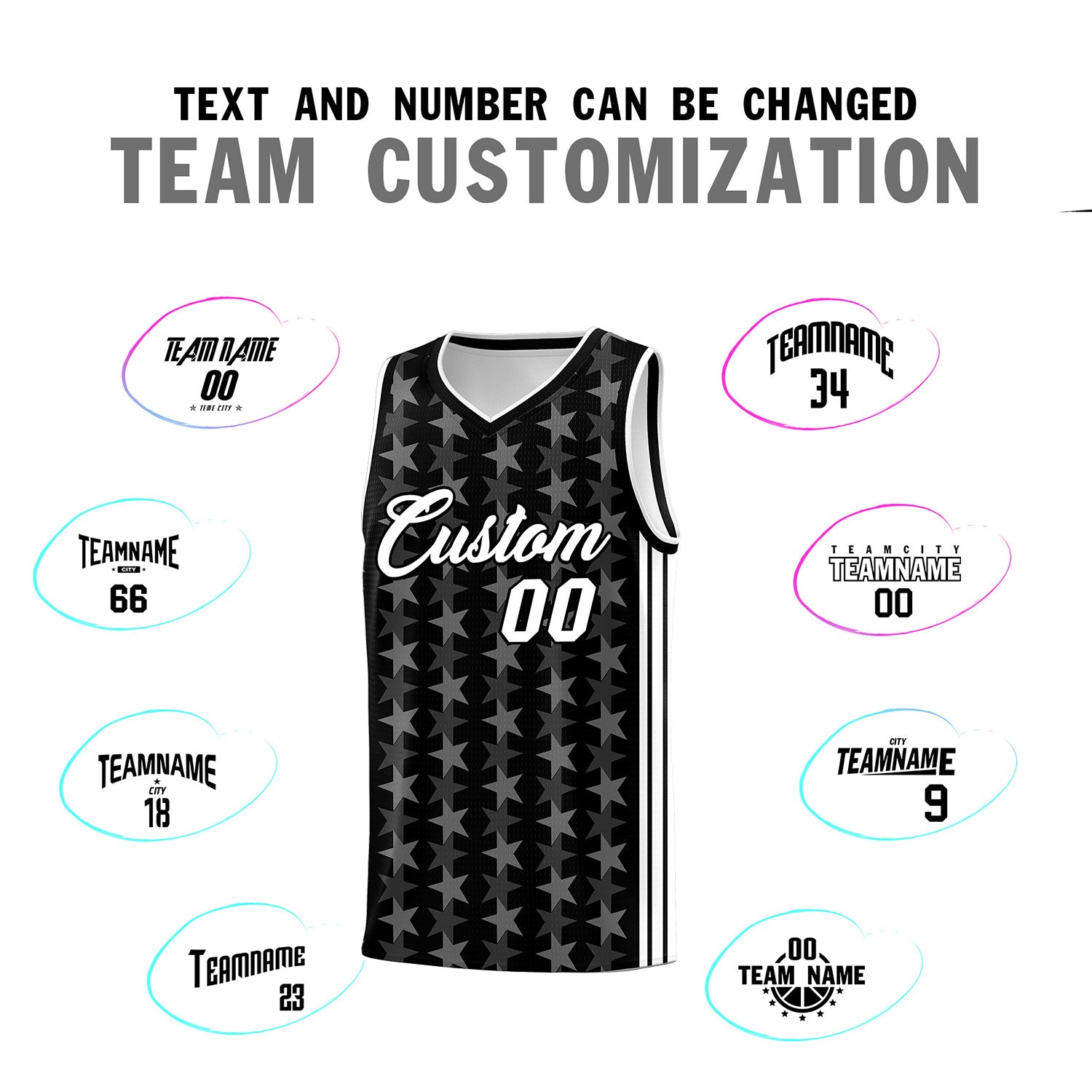 Custom Black White Star Graffiti Pattern Sets Sports Uniform Basketball Jersey