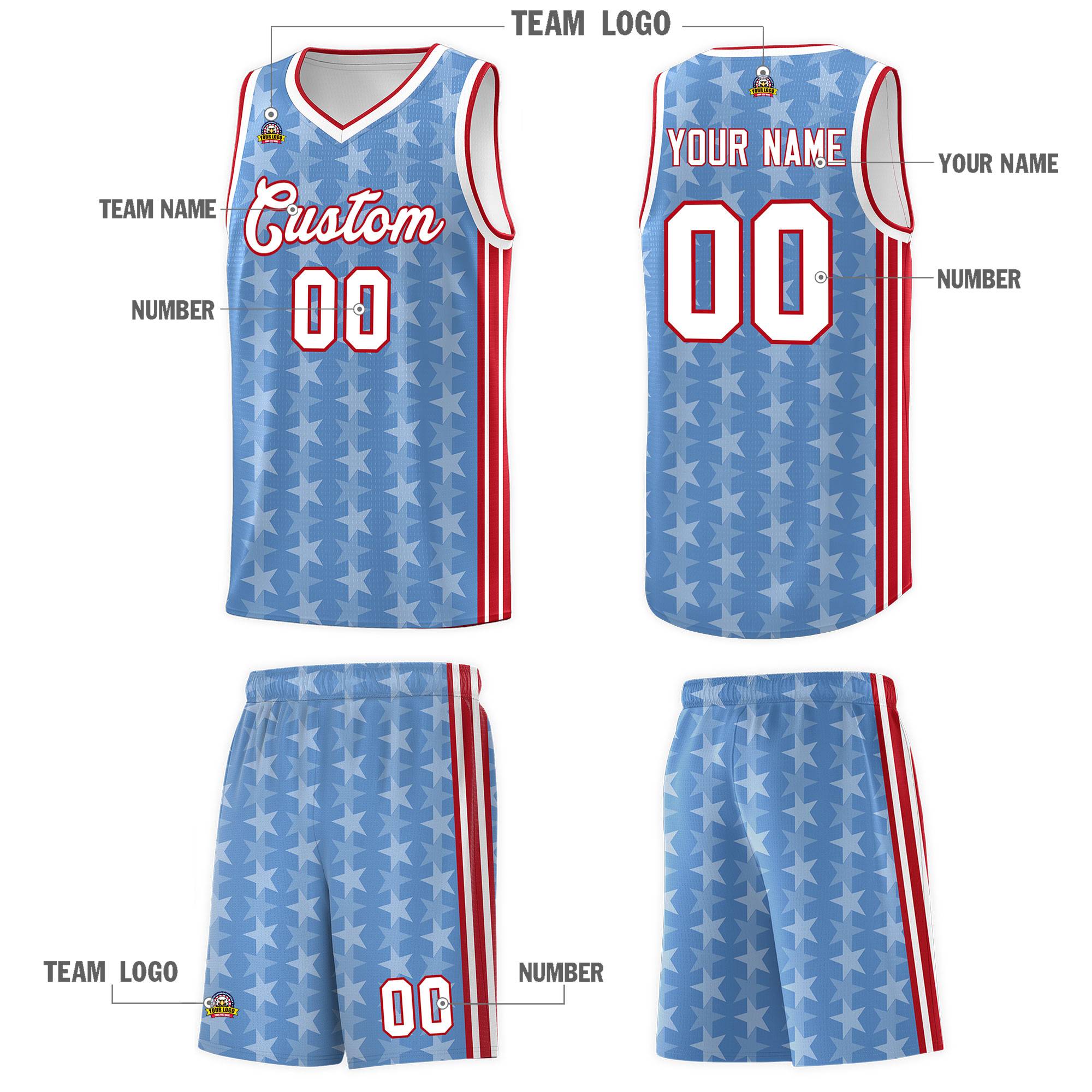 Custom Light Blue White Star Graffiti Pattern Sets Sports Uniform Basketball Jersey