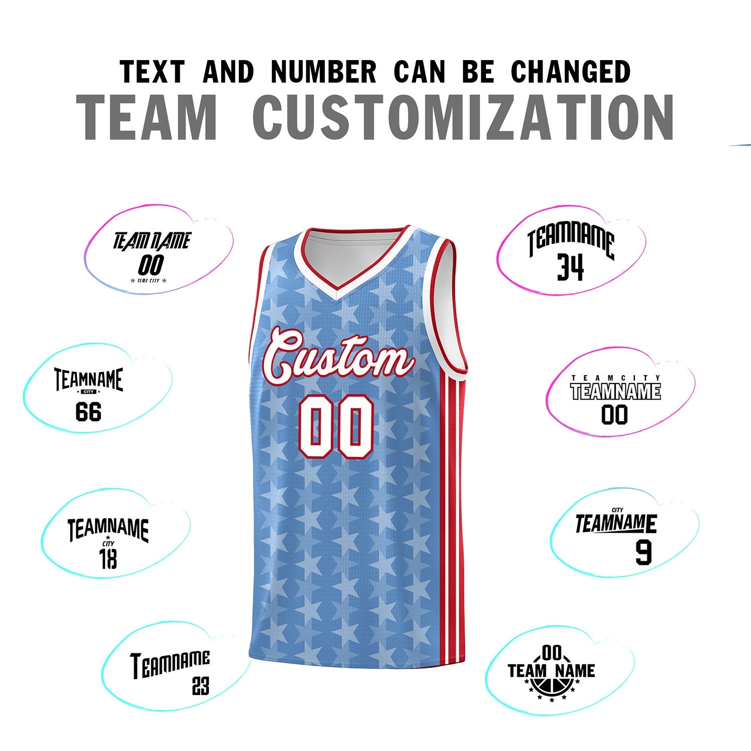 Custom Light Blue White Star Graffiti Pattern Sets Sports Uniform Basketball Jersey