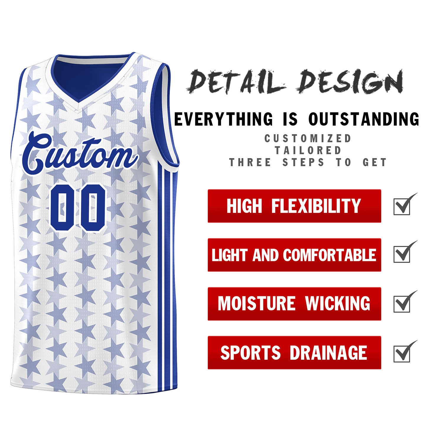 Custom White Royal Star Graffiti Pattern Sets Sports Uniform Basketball Jersey