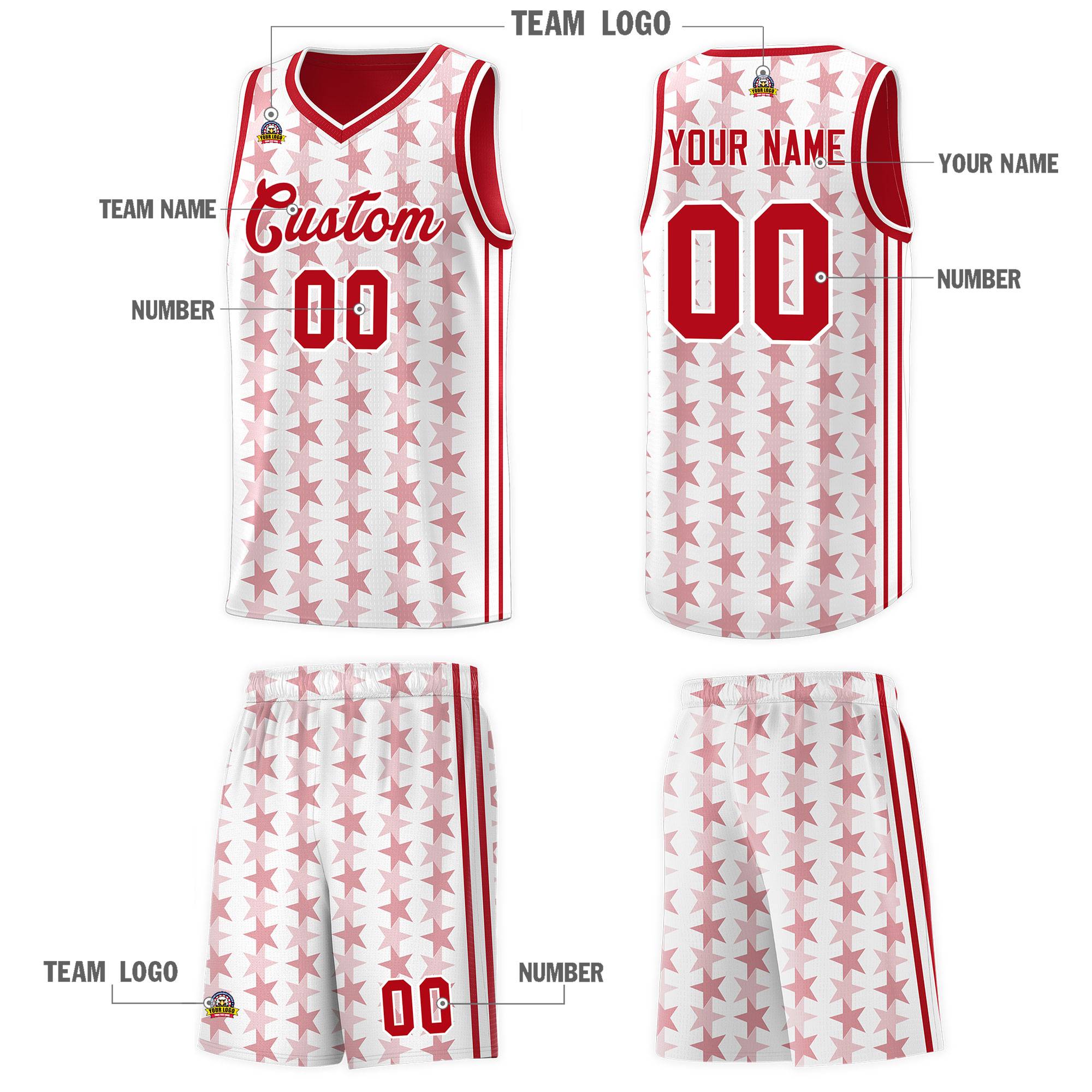 Custom White Red Star Graffiti Pattern Sets Sports Uniform Basketball Jersey