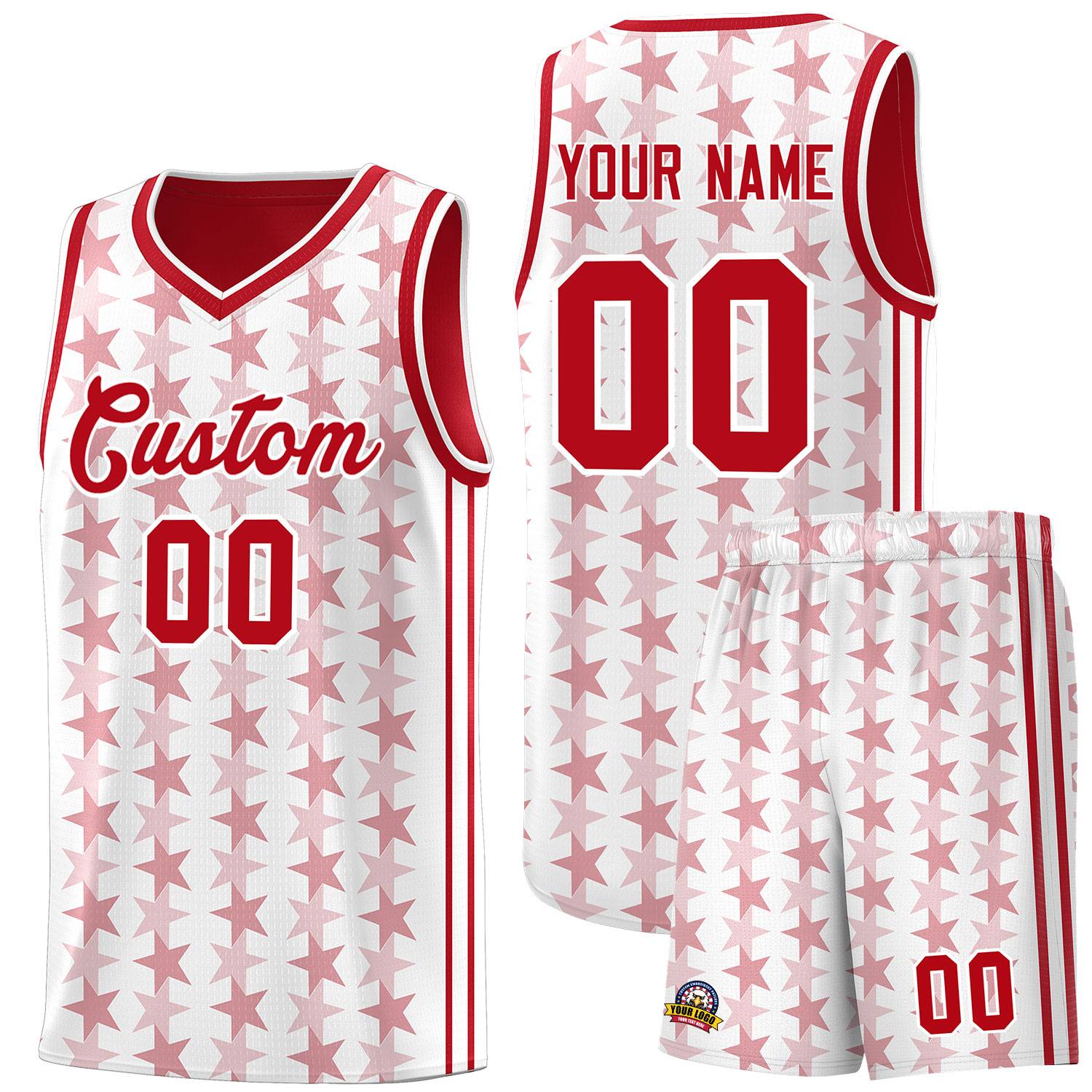 Custom White Red Star Graffiti Pattern Sets Sports Uniform Basketball Jersey