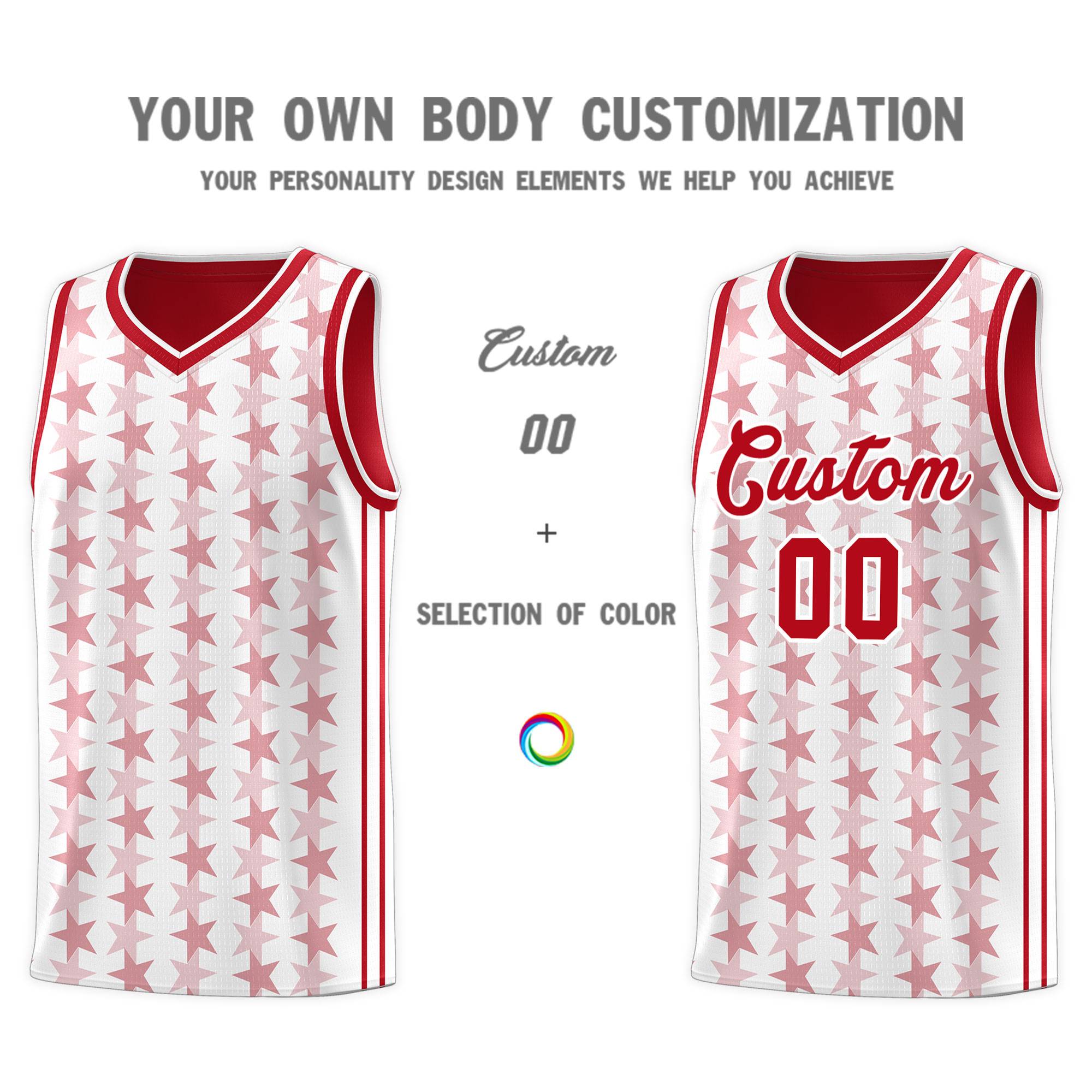 Custom White Red Star Graffiti Pattern Sets Sports Uniform Basketball Jersey