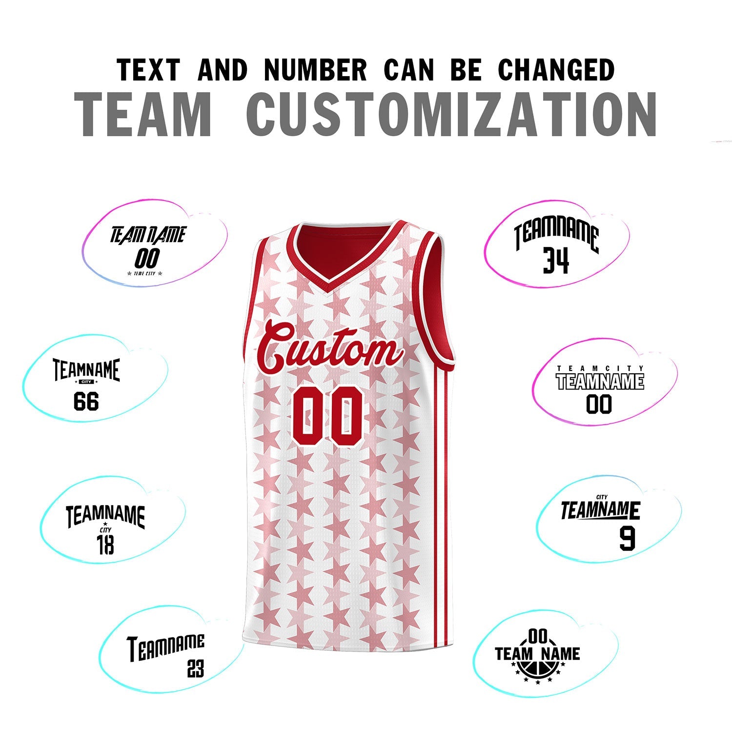 Custom White Red Star Graffiti Pattern Sets Sports Uniform Basketball Jersey