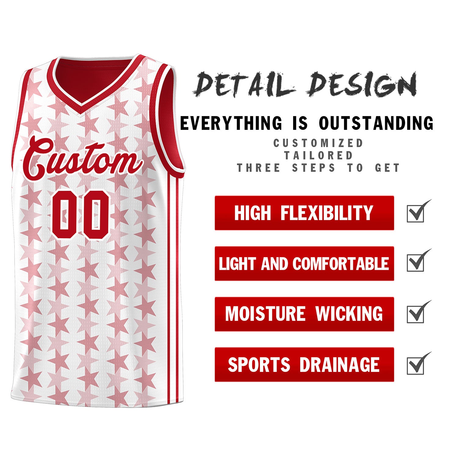 Custom White Red Star Graffiti Pattern Sets Sports Uniform Basketball Jersey