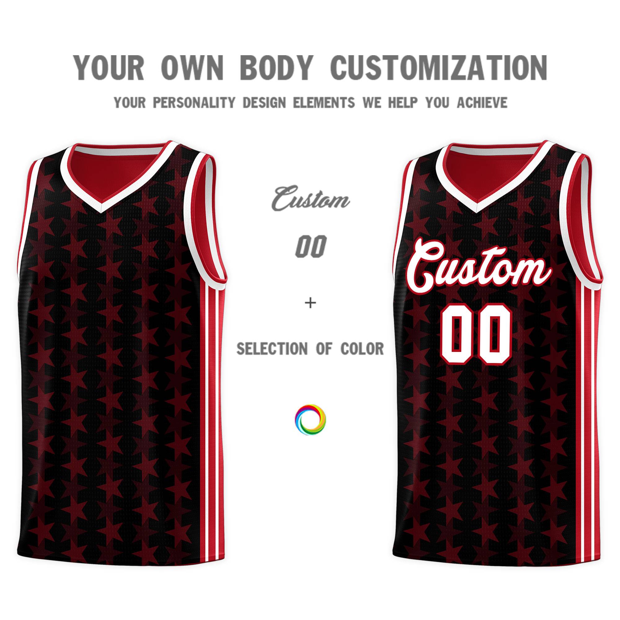 Custom Black Red Star Graffiti Pattern Sets Sports Uniform Basketball Jersey