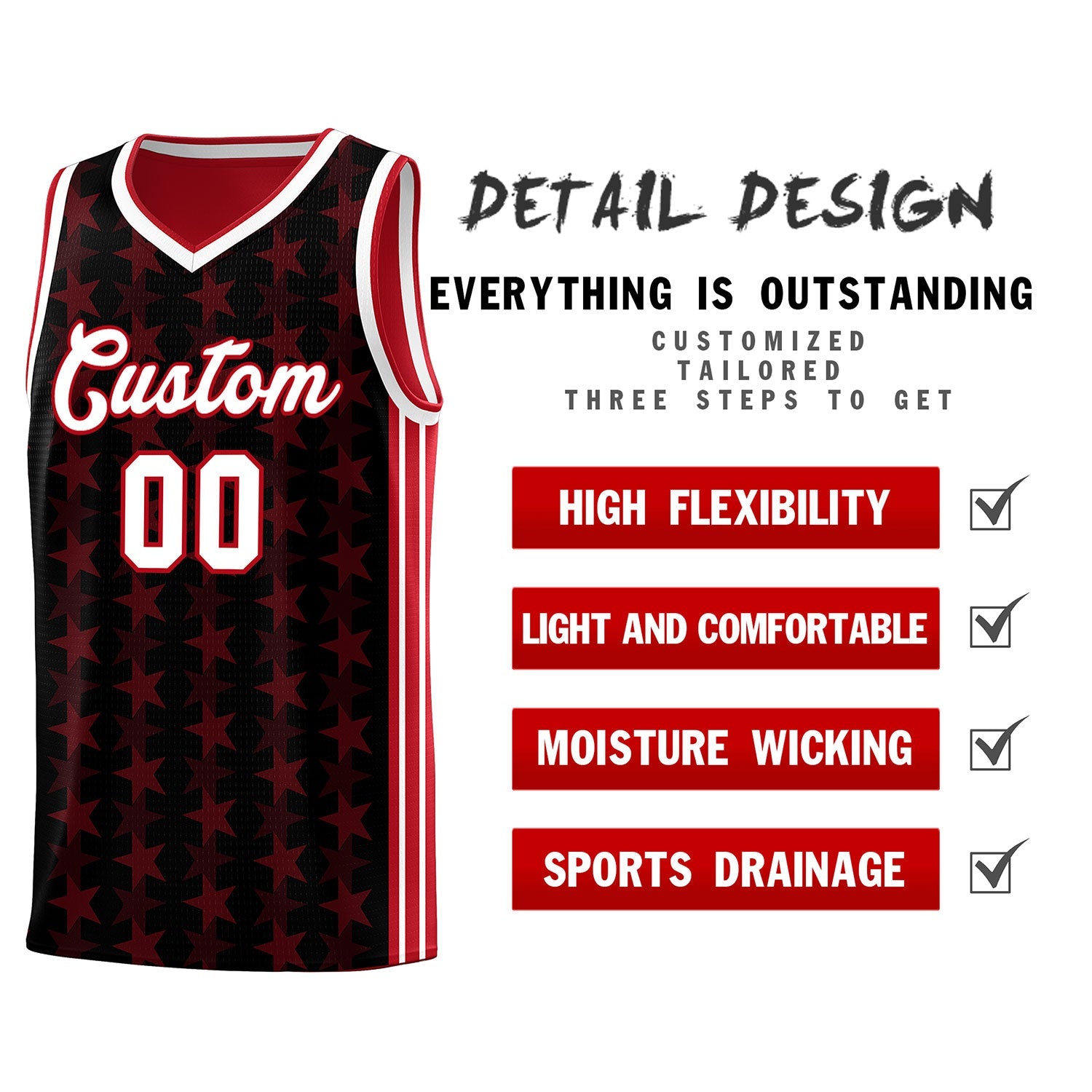 Custom Black Red Star Graffiti Pattern Sets Sports Uniform Basketball Jersey