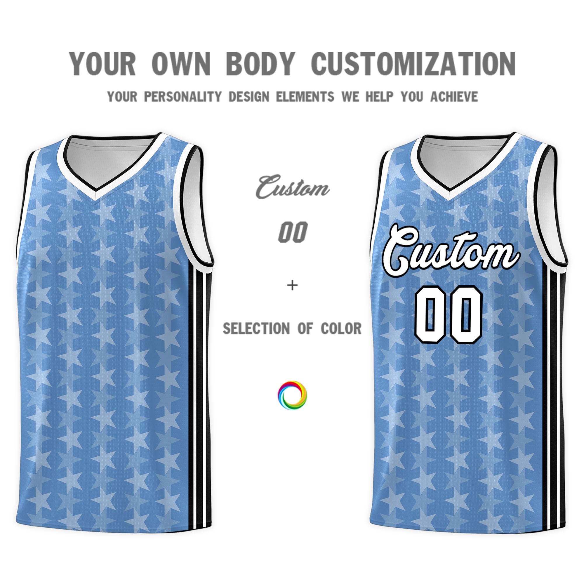 Custom Light Blue White Star Graffiti Pattern Sets Sports Uniform Basketball Jersey