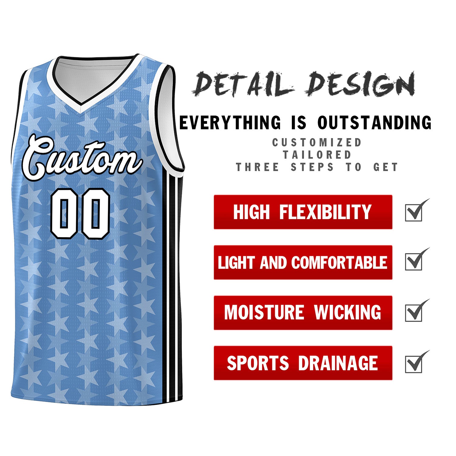 Custom Light Blue White Star Graffiti Pattern Sets Sports Uniform Basketball Jersey