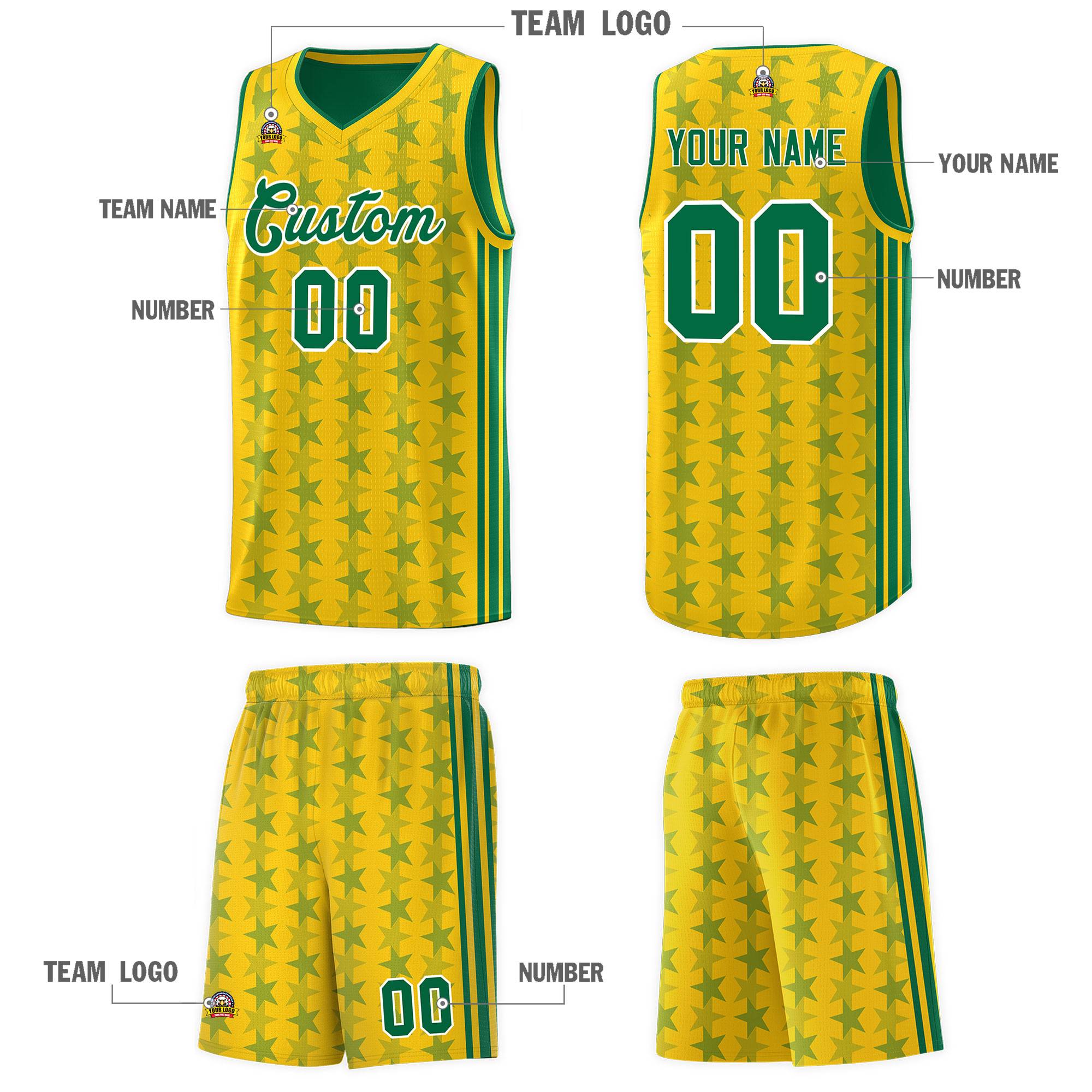 Custom Gold Kelly Green Star Graffiti Pattern Sets Sports Uniform Basketball Jersey