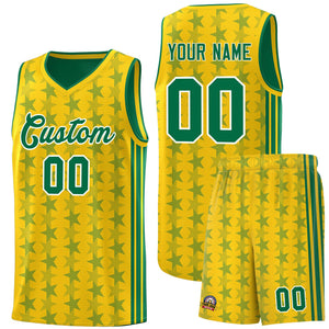 Custom Gold Kelly Green Star Graffiti Pattern Sets Sports Uniform Basketball Jersey