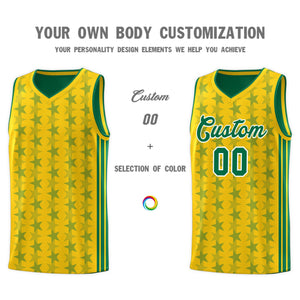 Custom Gold Kelly Green Star Graffiti Pattern Sets Sports Uniform Basketball Jersey